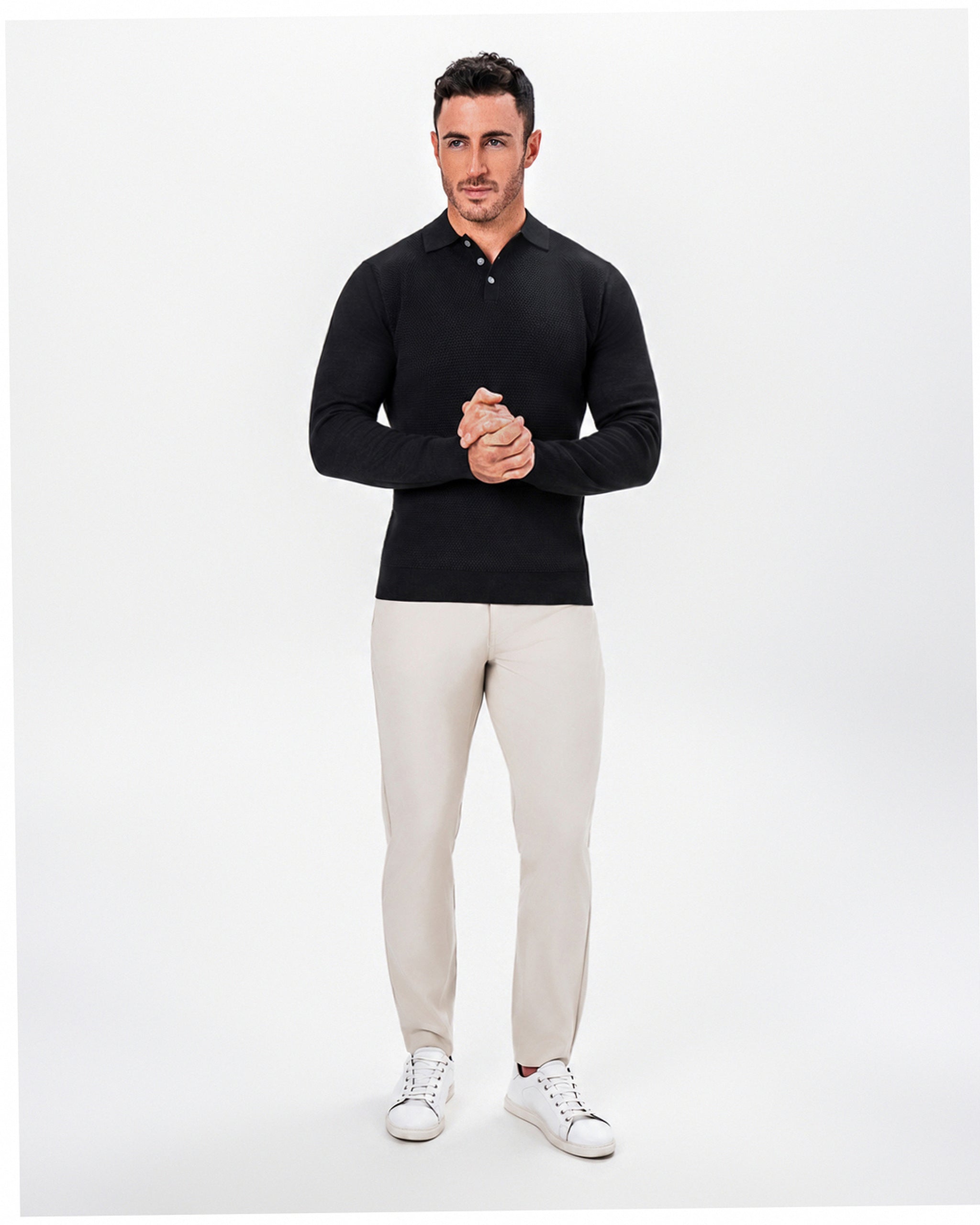 Long Sleeve Textured Knit Cashmere Polo - Charcoal