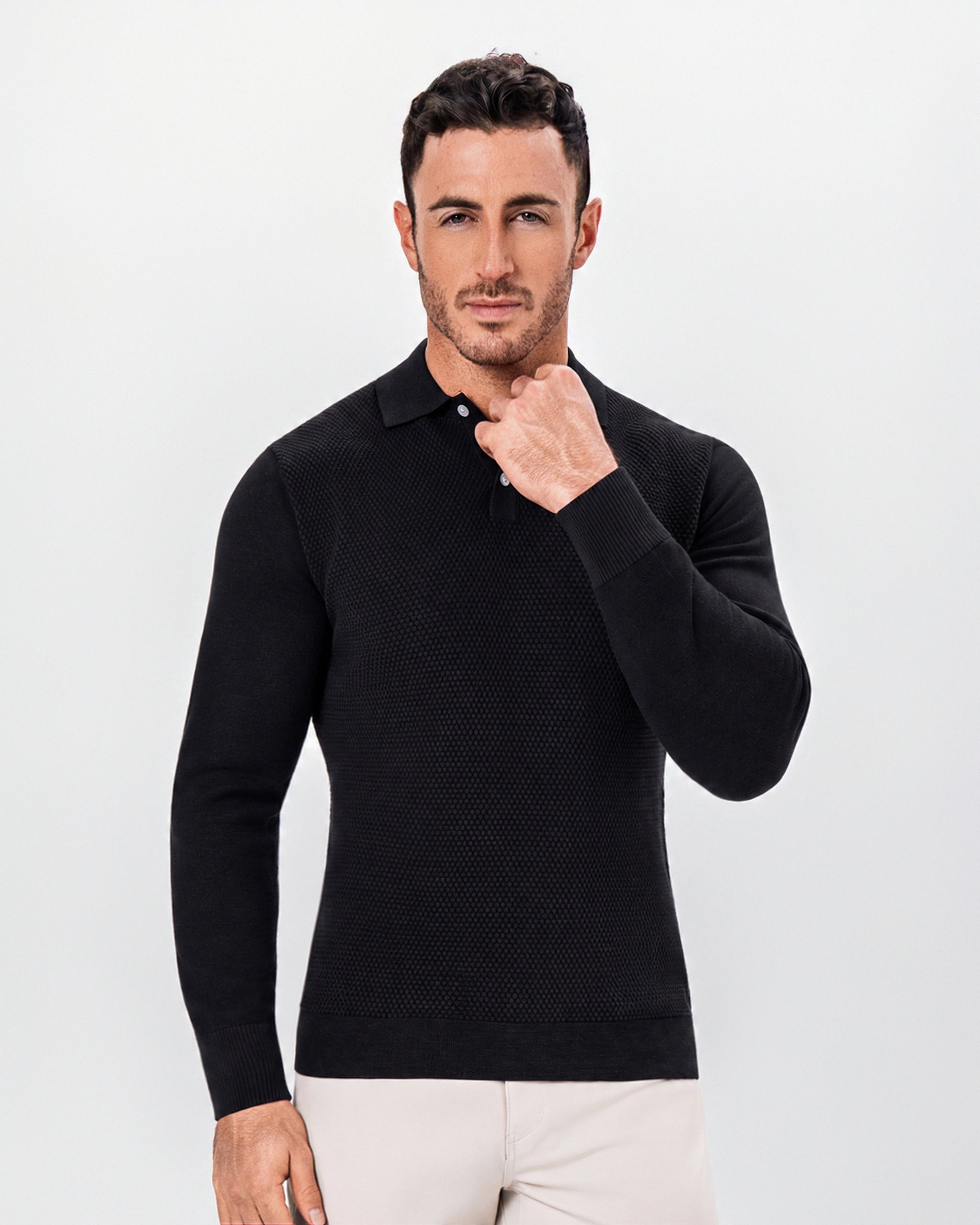 Long Sleeve Textured Knit Cashmere Polo - Charcoal