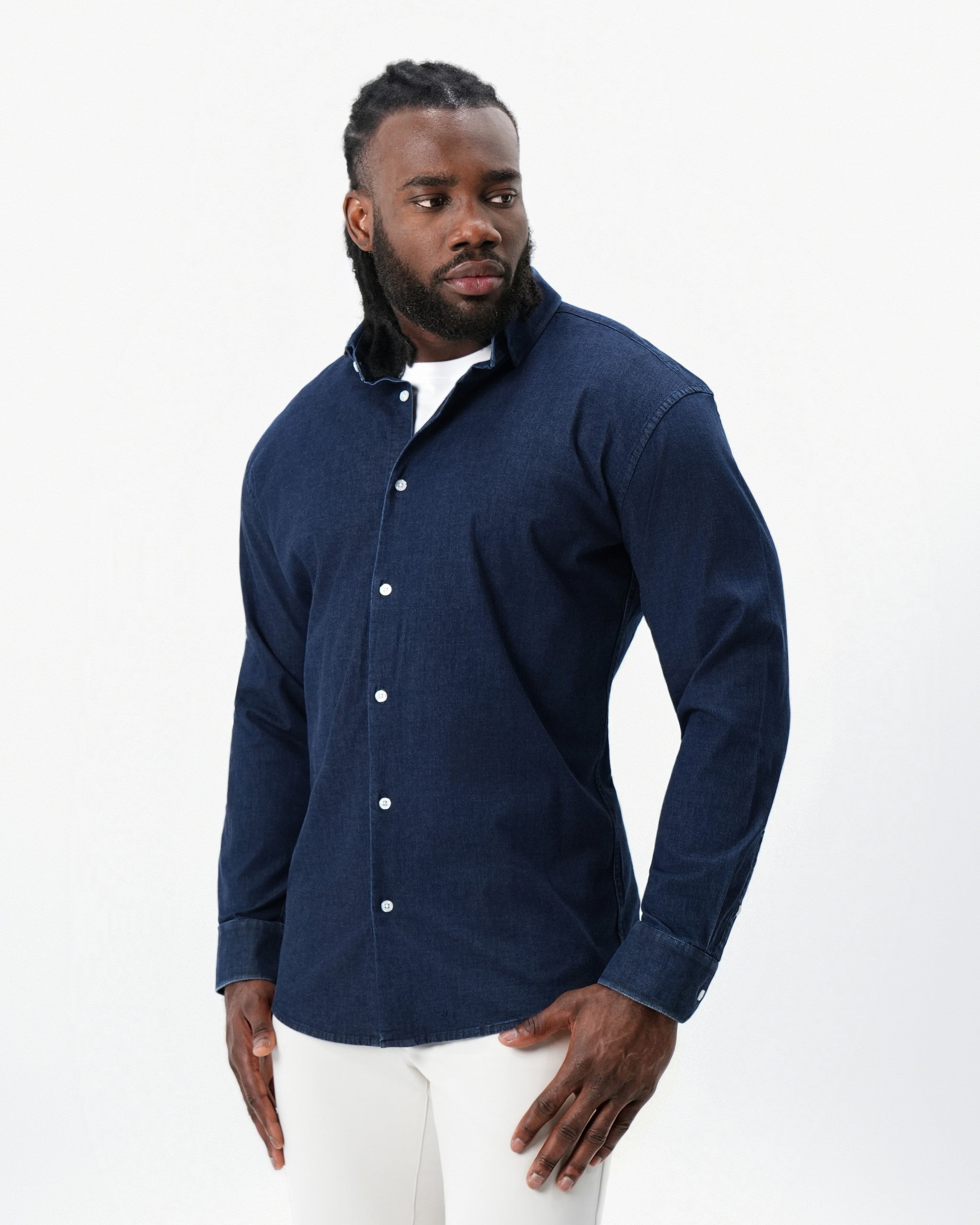 Cotton Denim Dress Shirt - Navy