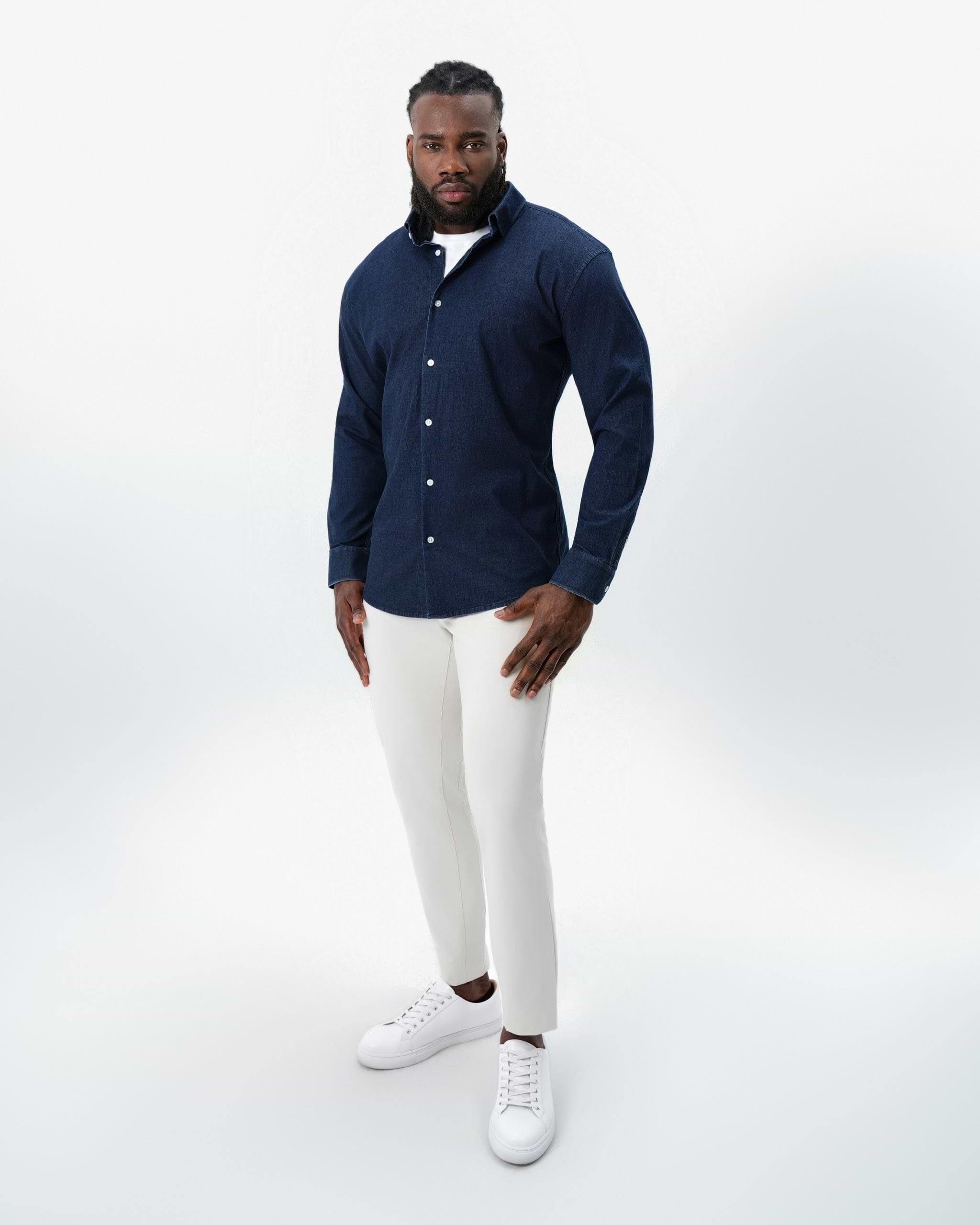 Cotton Denim Dress Shirt - Navy