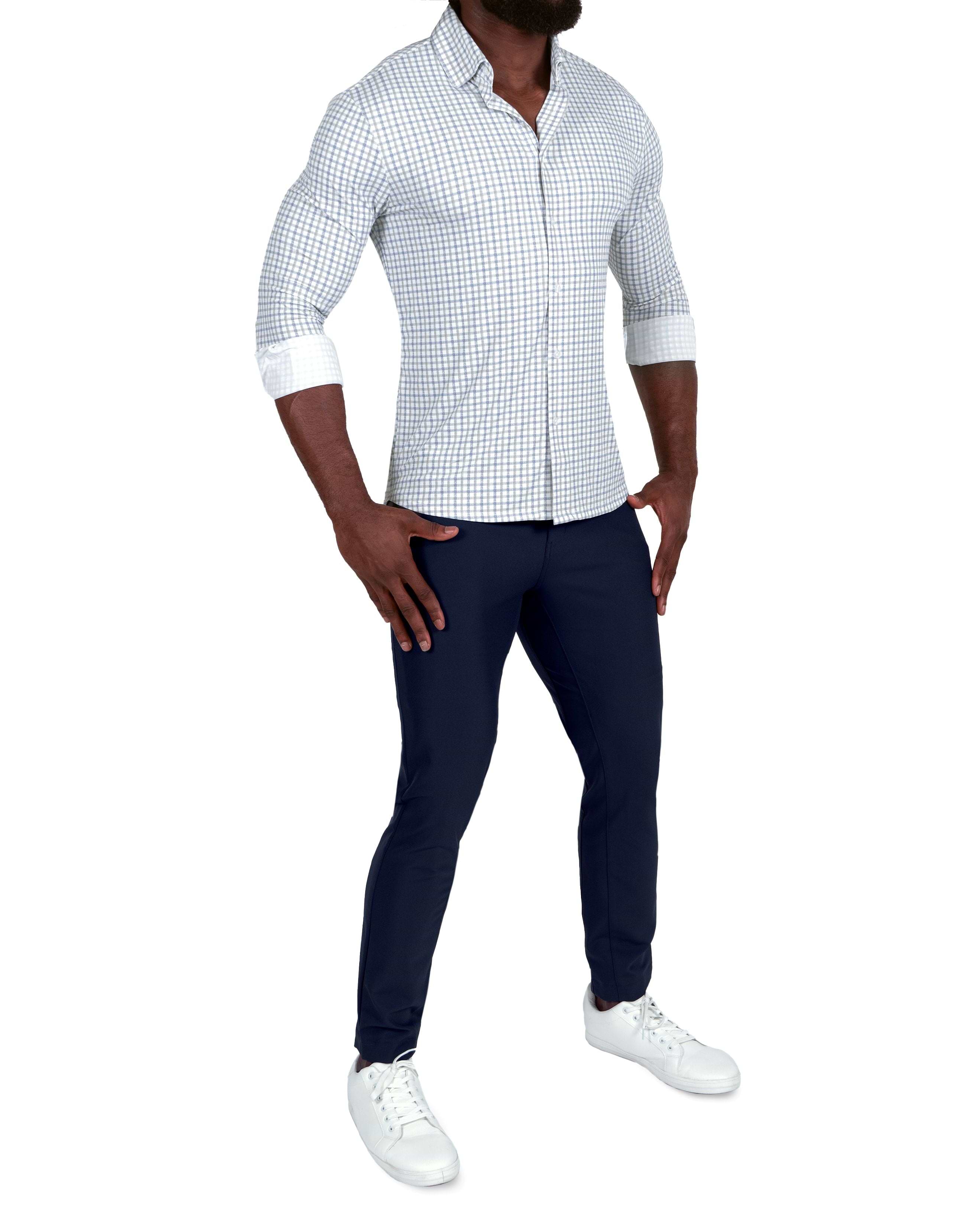 "The Dime" Sport Shirt - White, Grey & Light Blue Windowpane