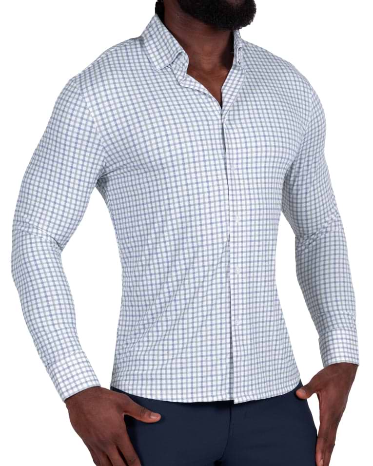 "The Dime" Sport Shirt - White, Grey & Light Blue Windowpane