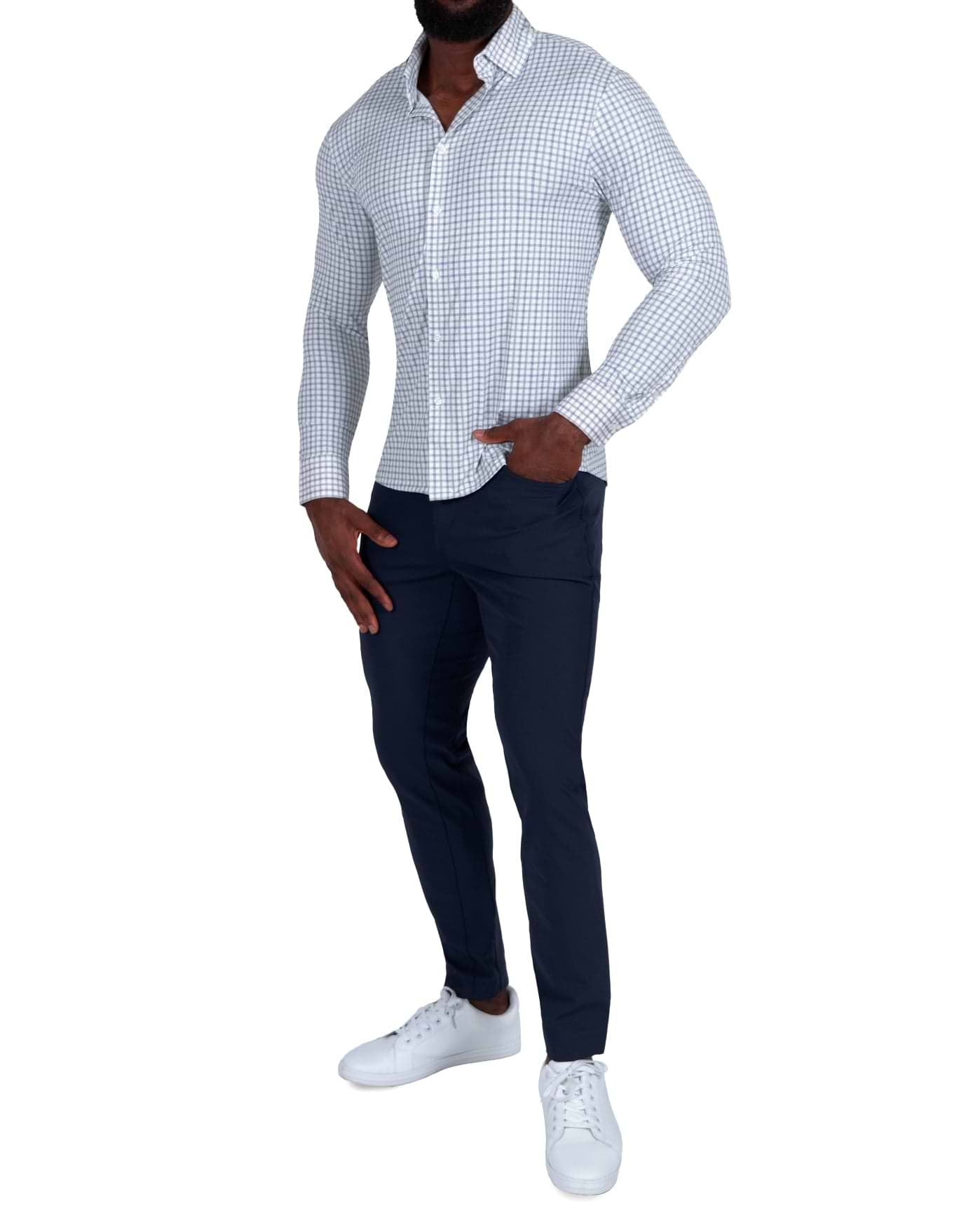 "The Dime" Sport Shirt - White, Grey & Light Blue Windowpane