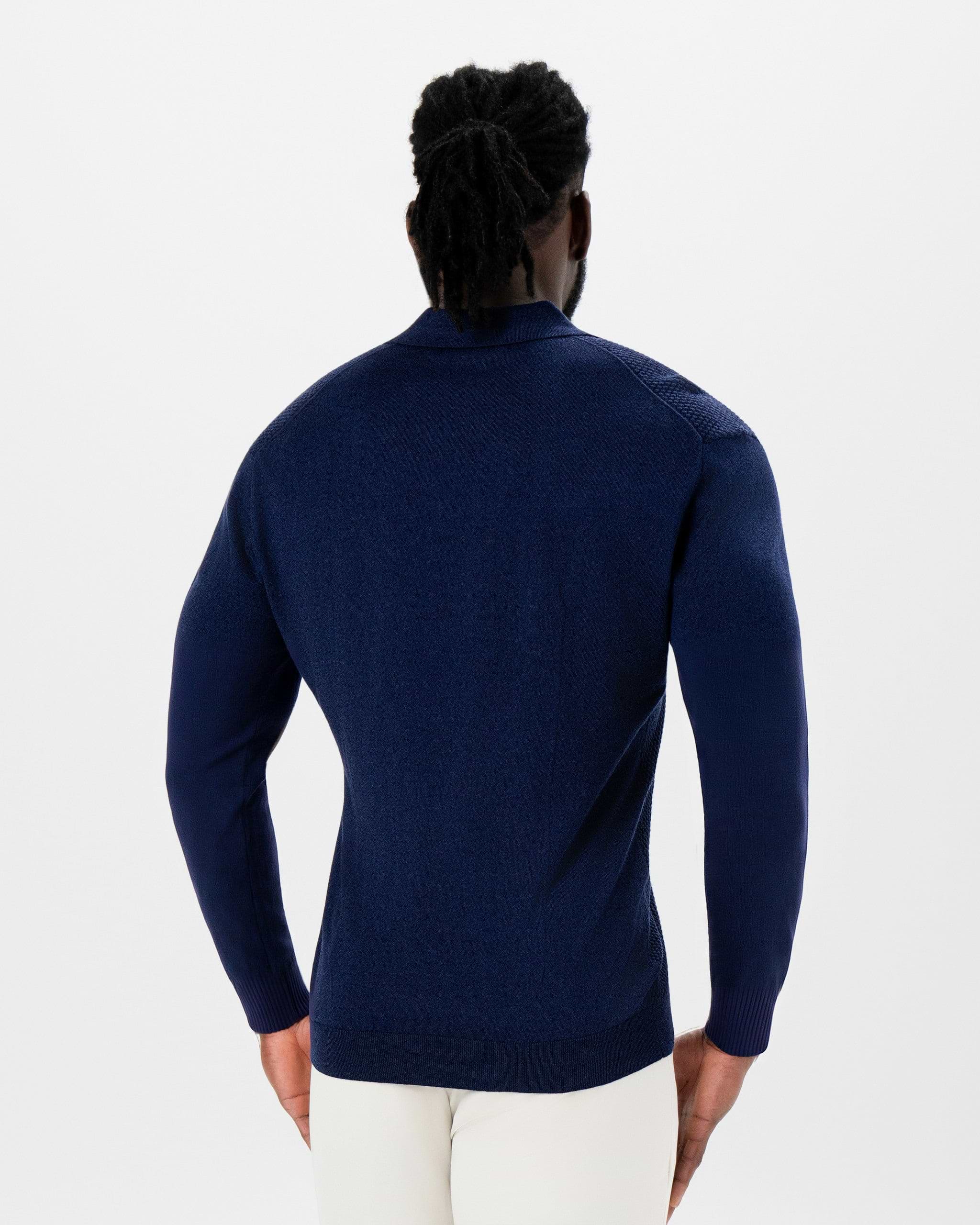 Long Sleeve Textured Knit Cashmere Polo - Navy
