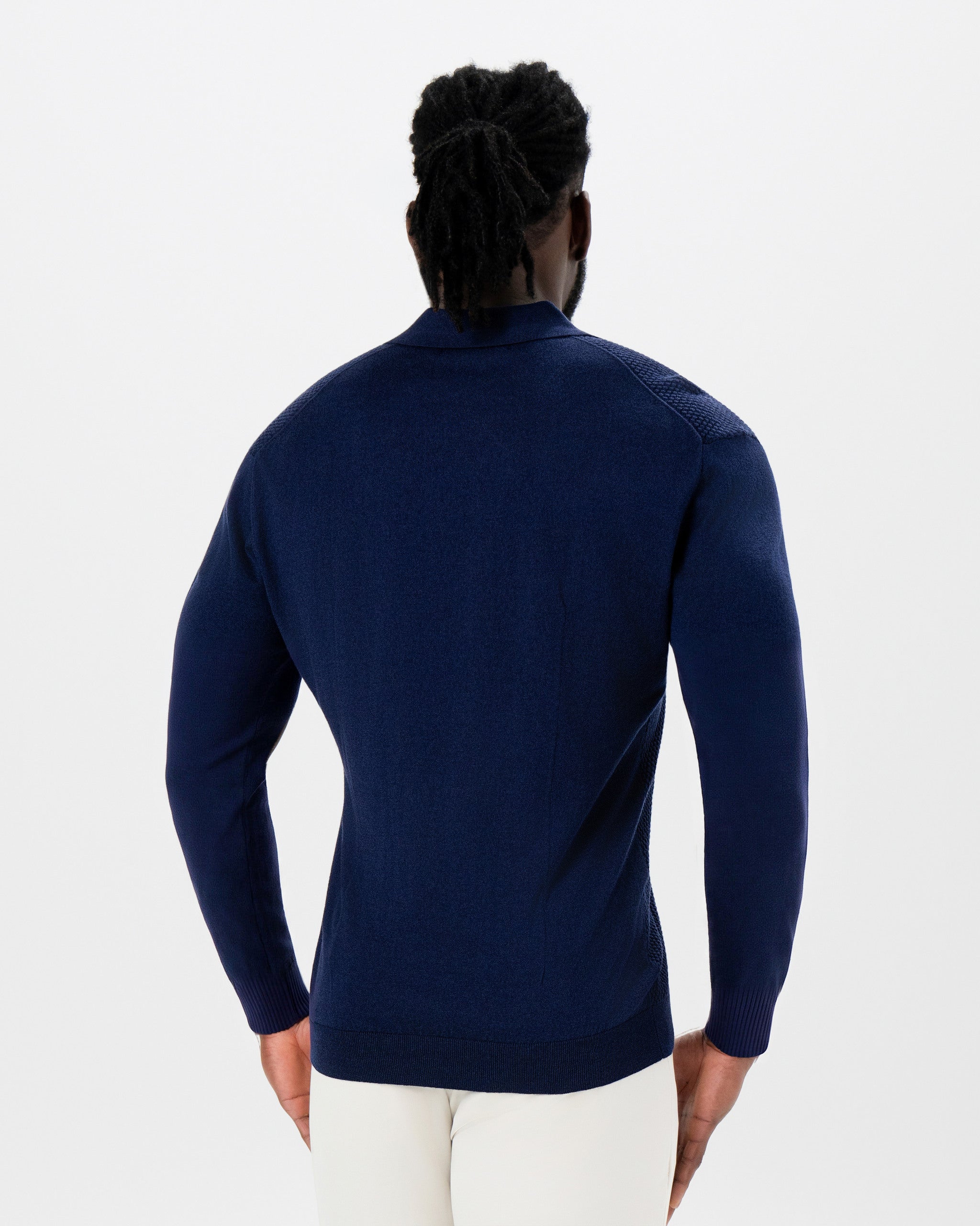Long Sleeve Textured Knit Cashmere Polo - Navy