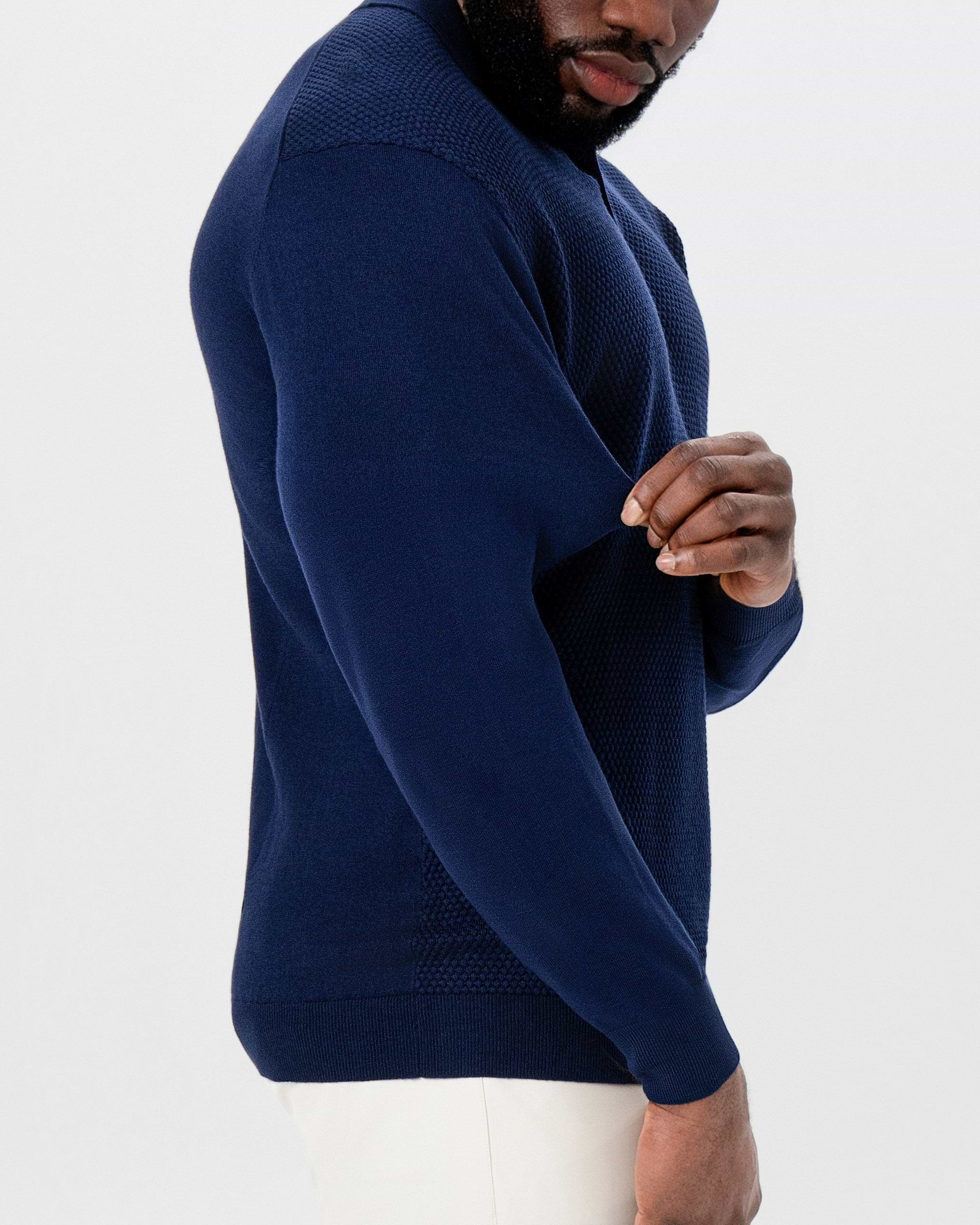 Long Sleeve Textured Knit Cashmere Polo - Navy
