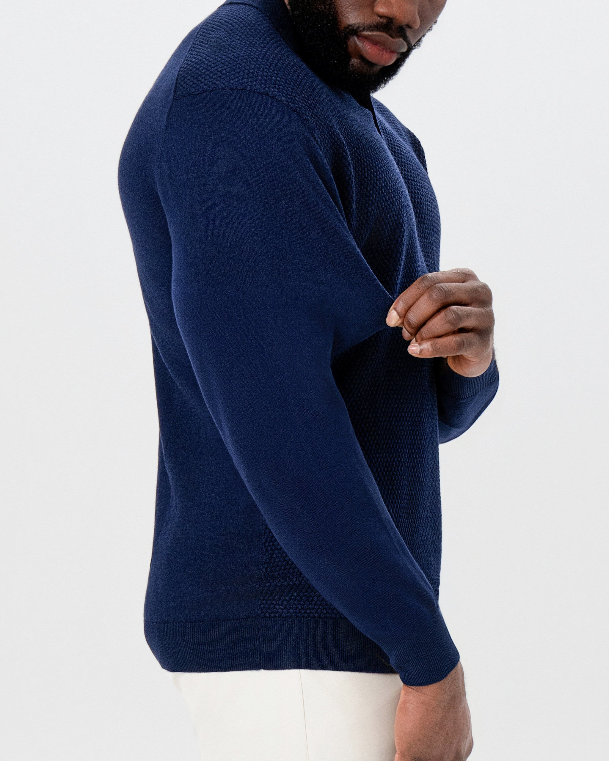 Long Sleeve Textured Knit Cashmere Polo - Navy