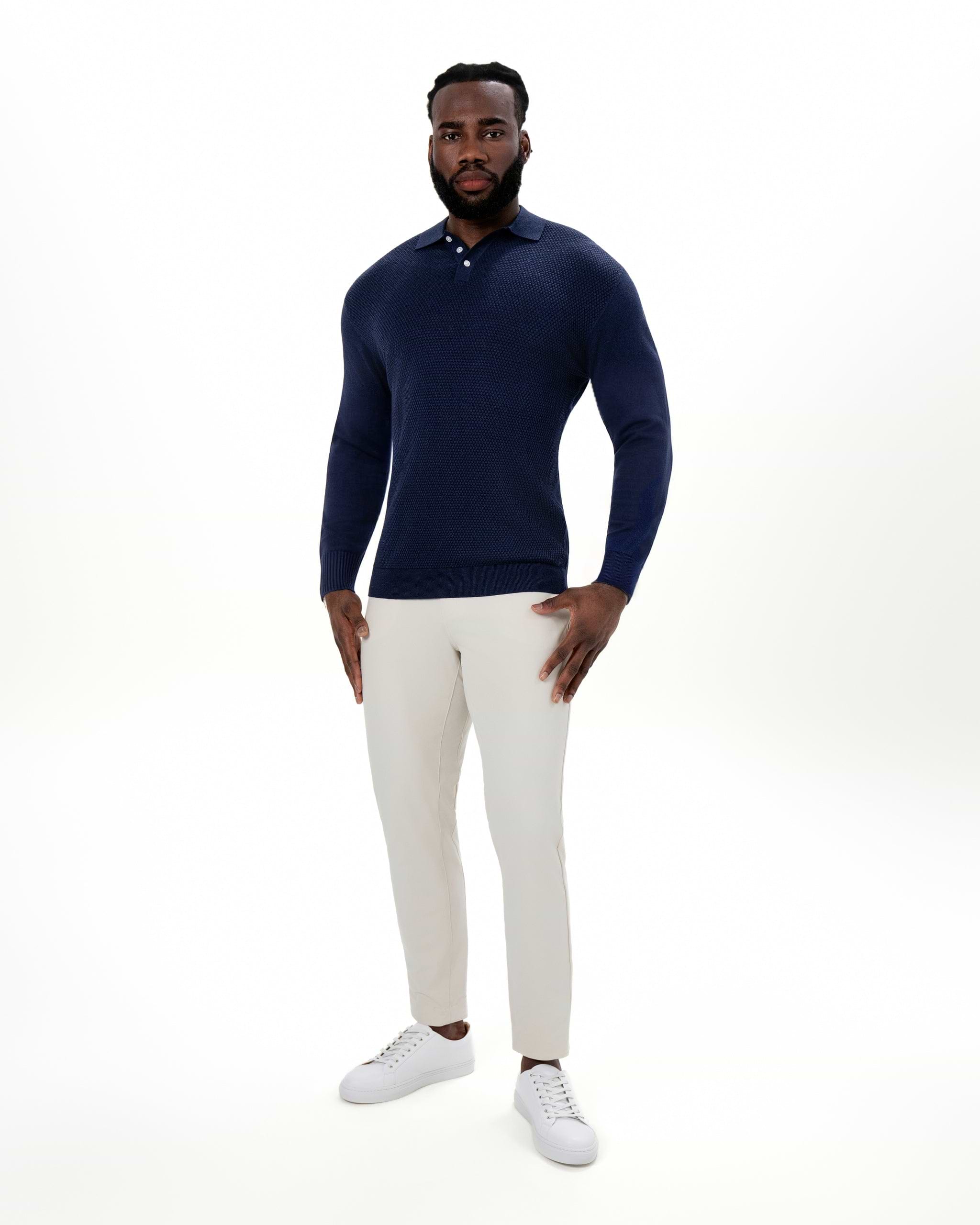 Long Sleeve Textured Knit Cashmere Polo - Navy
