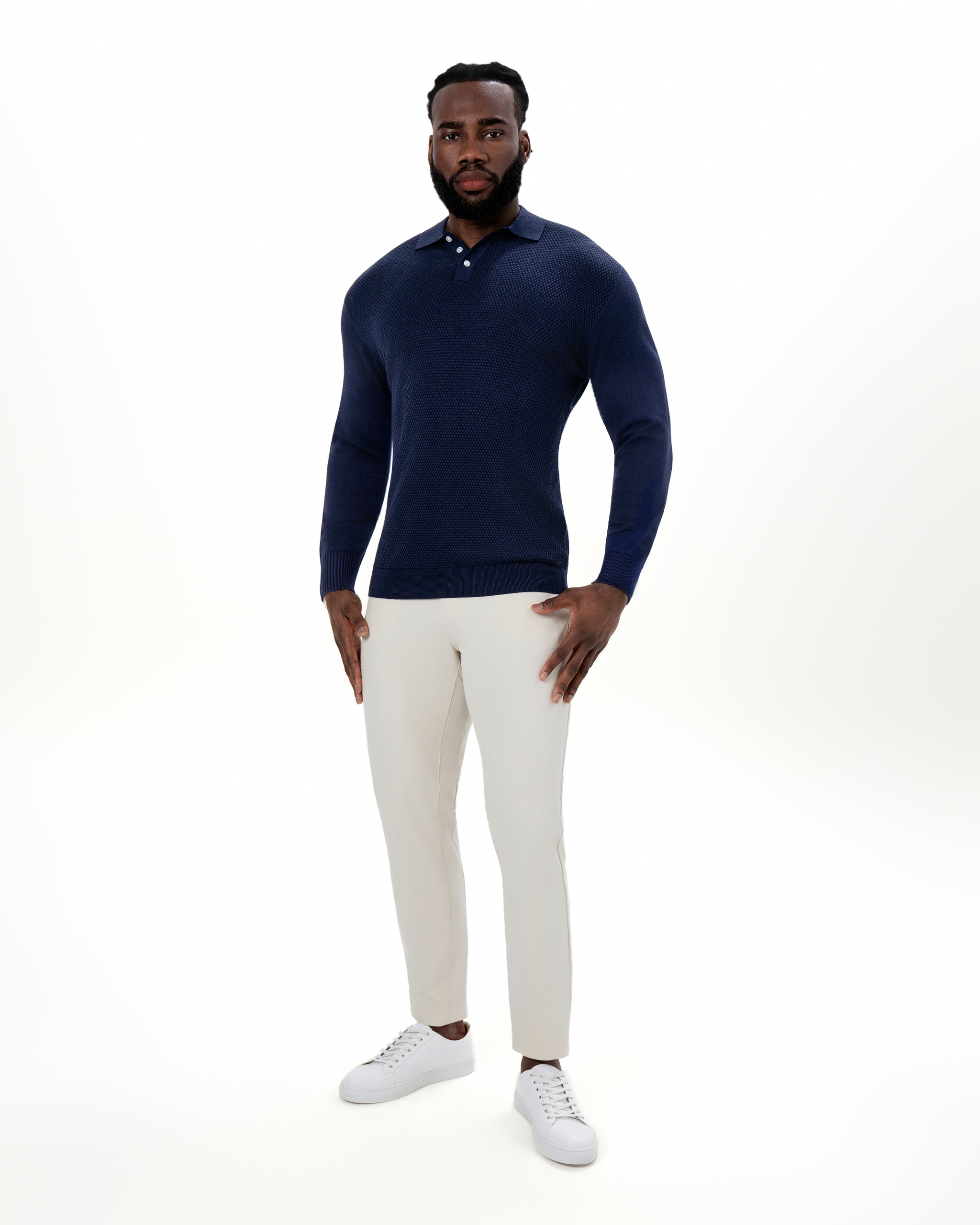 Long Sleeve Textured Knit Cashmere Polo - Navy