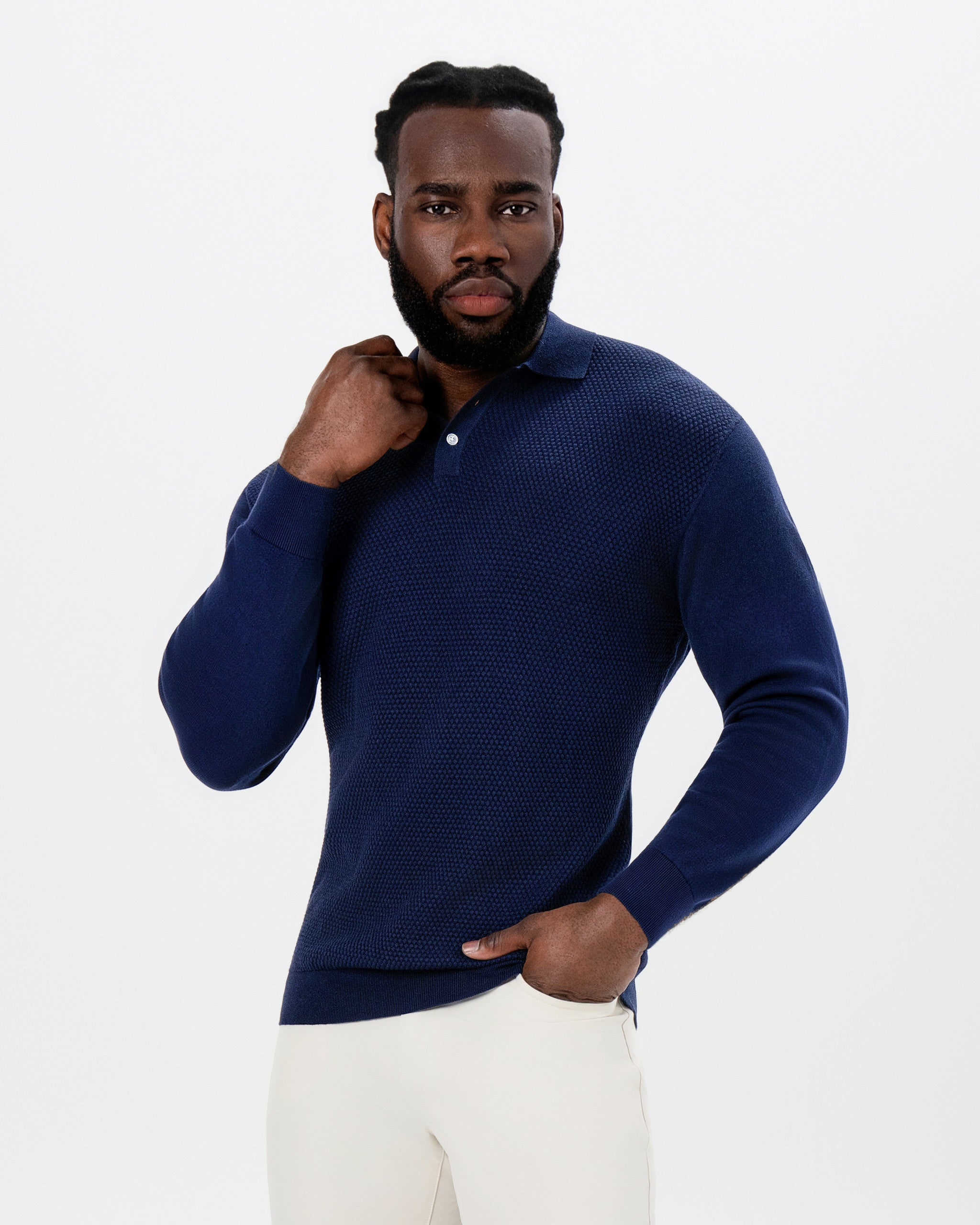 Long Sleeve Textured Knit Cashmere Polo - Navy