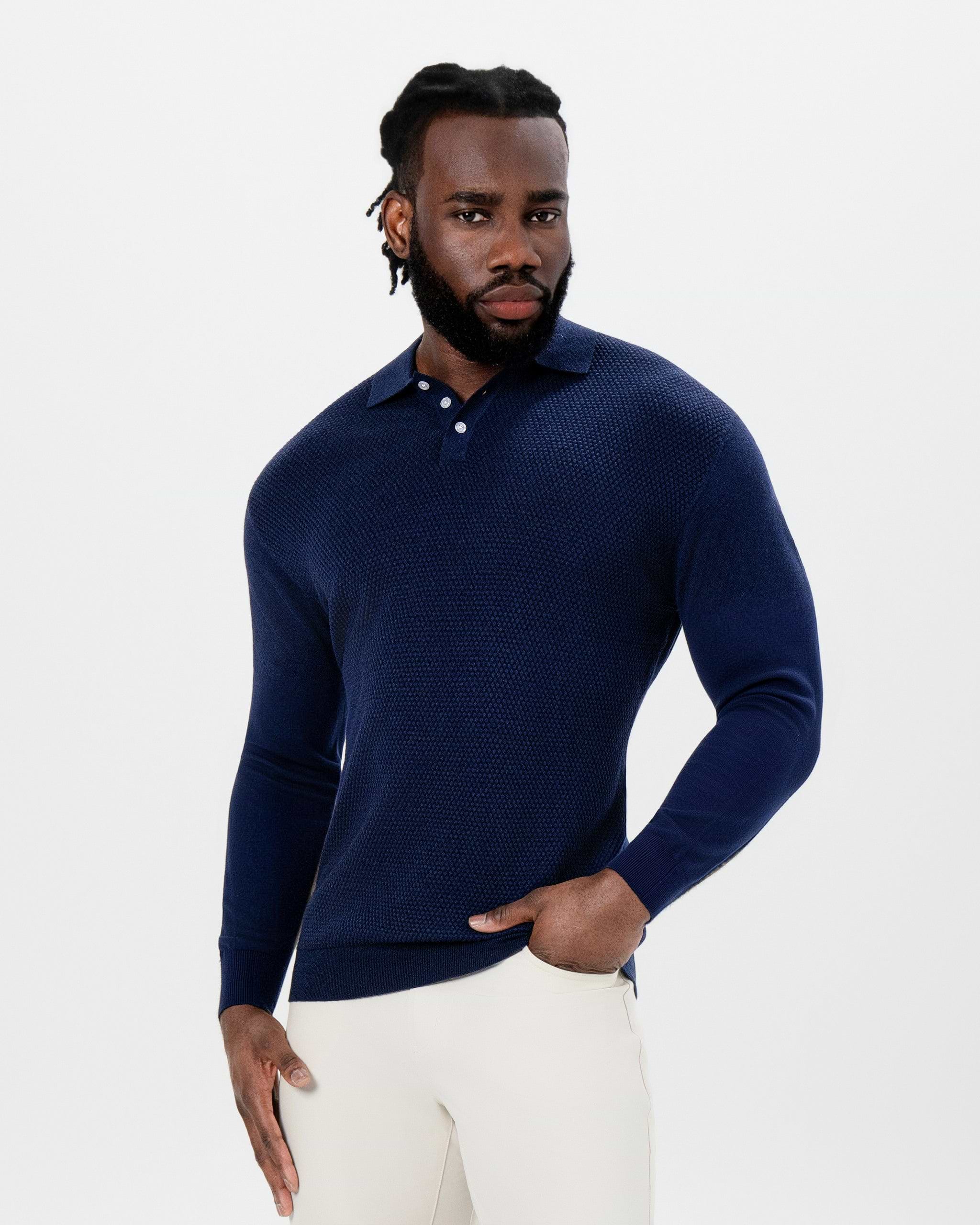 Long Sleeve Textured Knit Cashmere Polo - Navy
