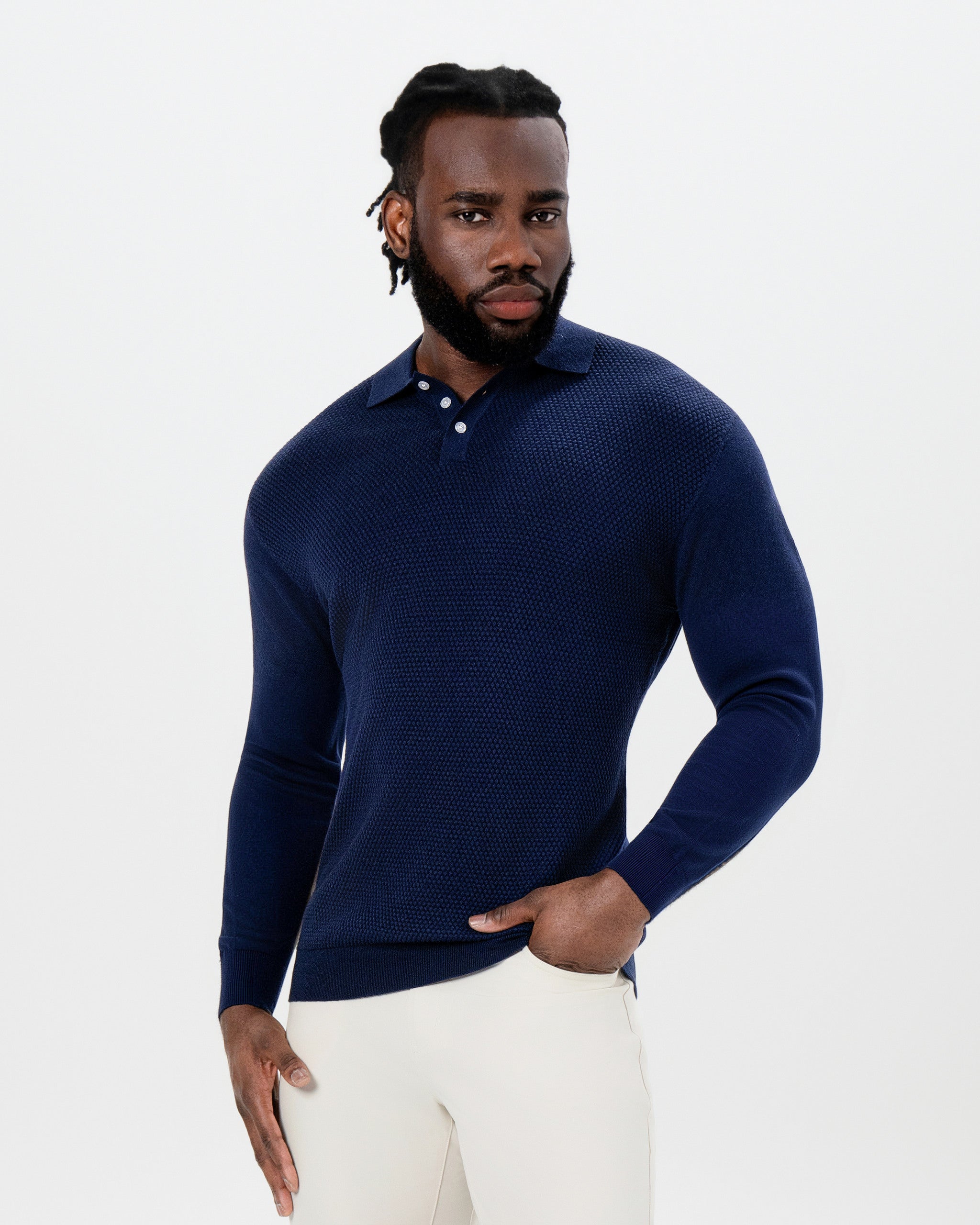Long Sleeve Textured Knit Cashmere Polo - Navy