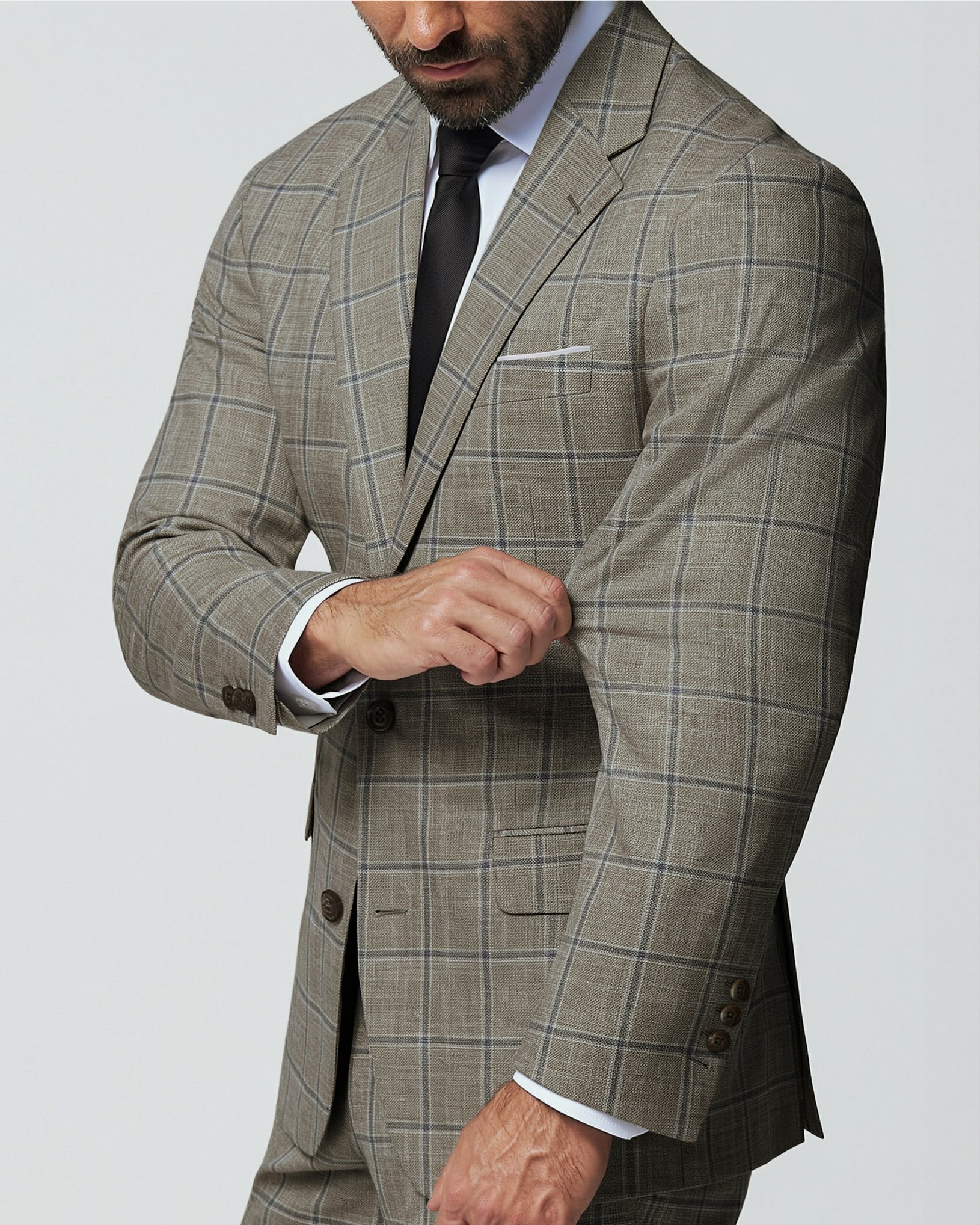 Athletic Fit Stretch Suit - Textured Tan with Olive Windowpane