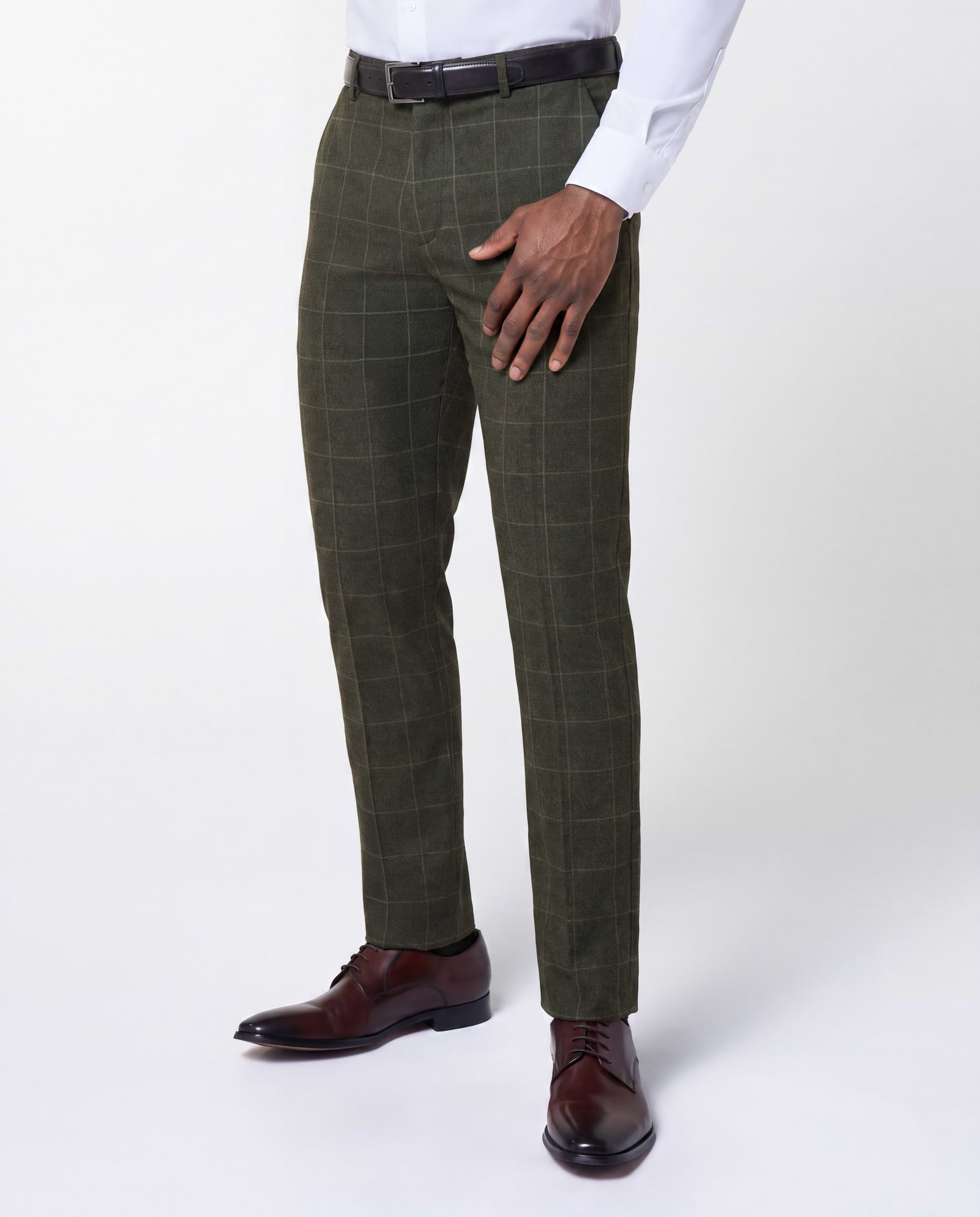 Athletic Fit Stretch Suit Pants - Olive with White Windowpane