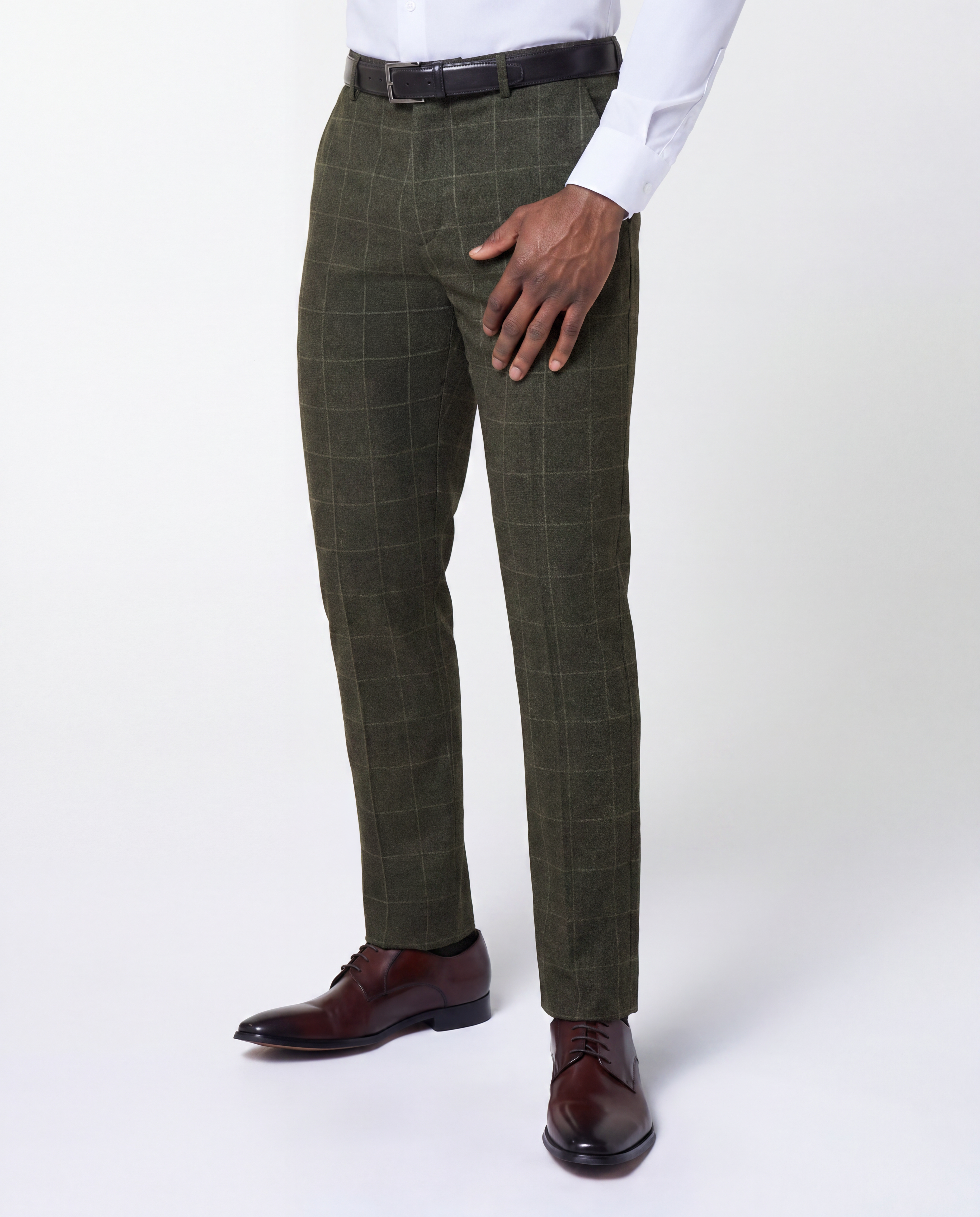Athletic Fit Stretch Suit Pants - Olive with White Windowpane