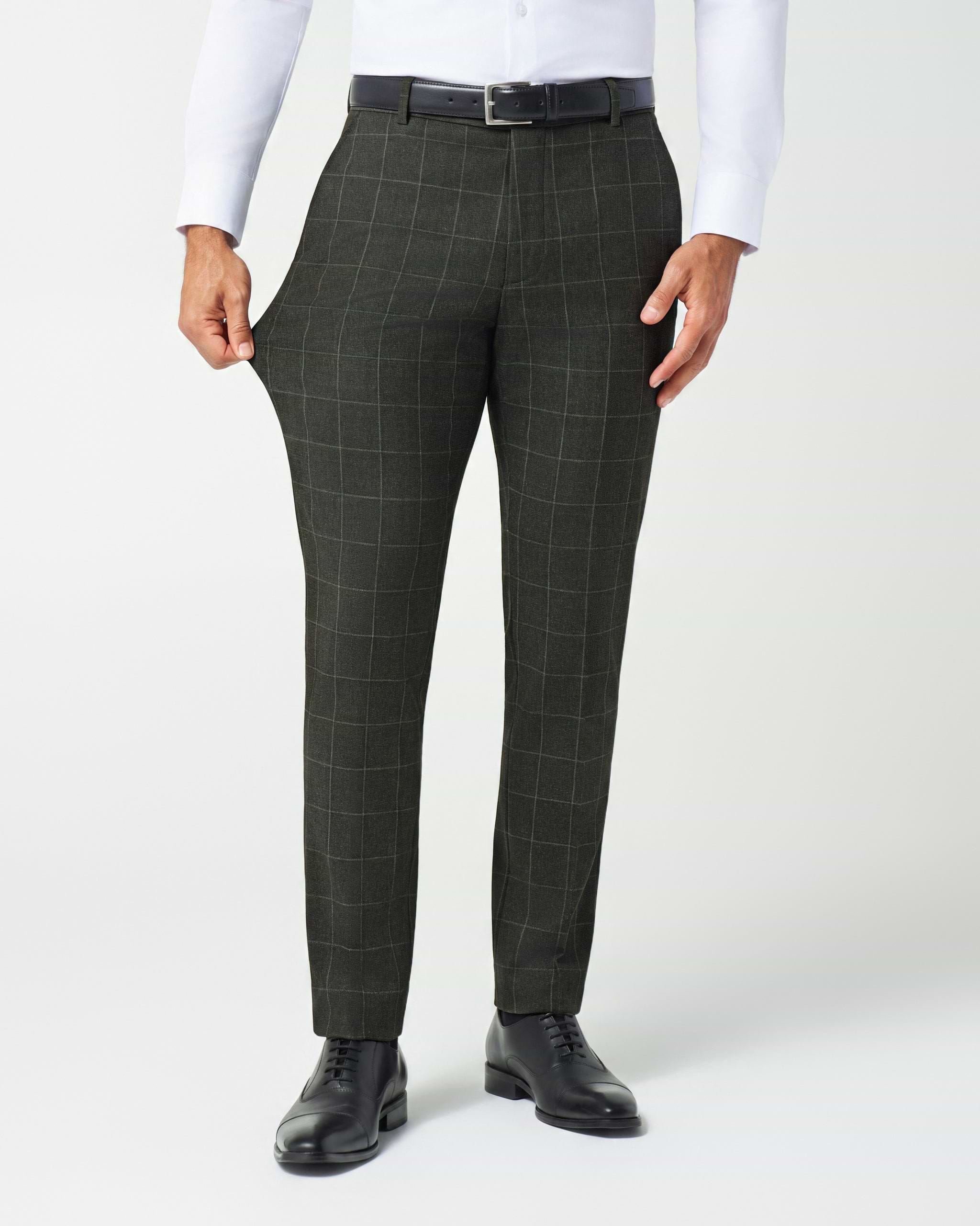 Athletic Fit Stretch Suit Pants - Olive with White Windowpane