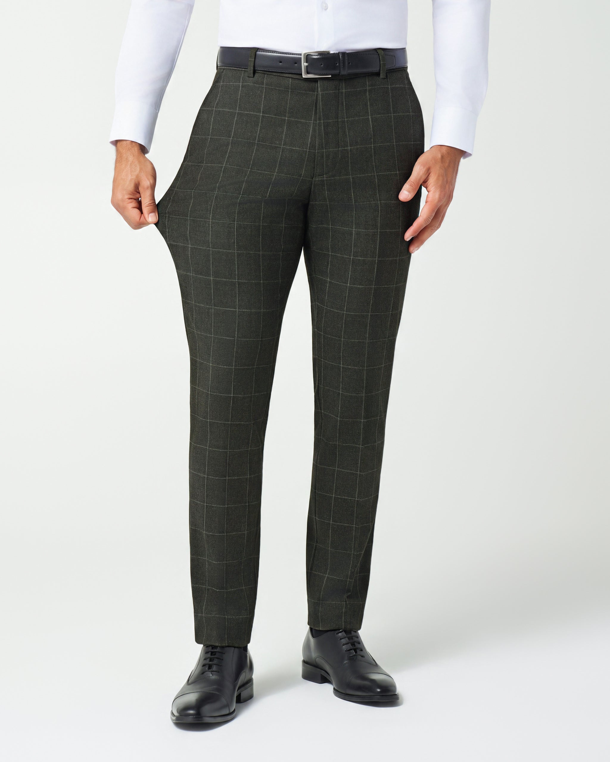 Athletic Fit Stretch Suit Pants - Olive with White Windowpane