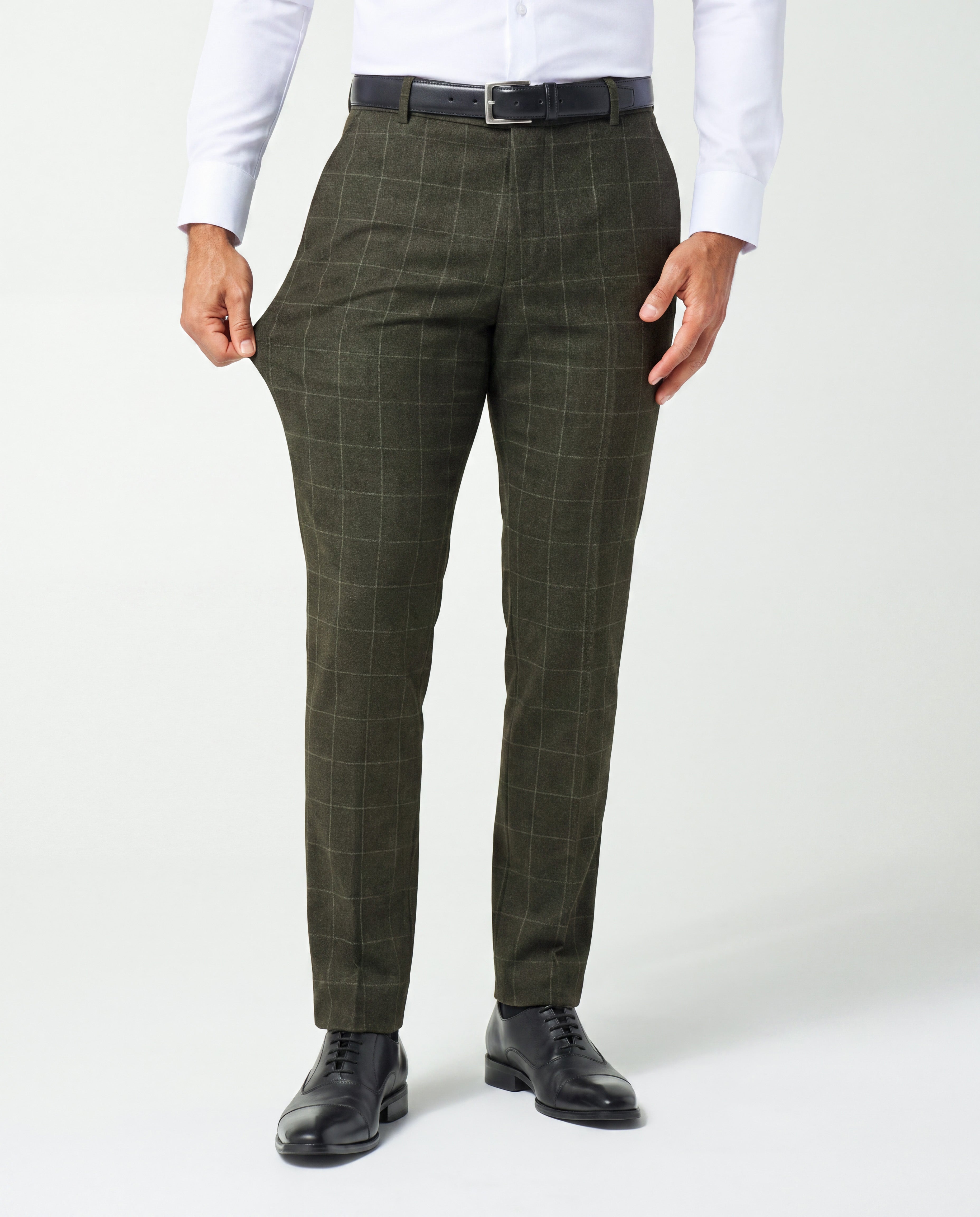 Athletic Fit Stretch Suit Pants - Olive with White Windowpane