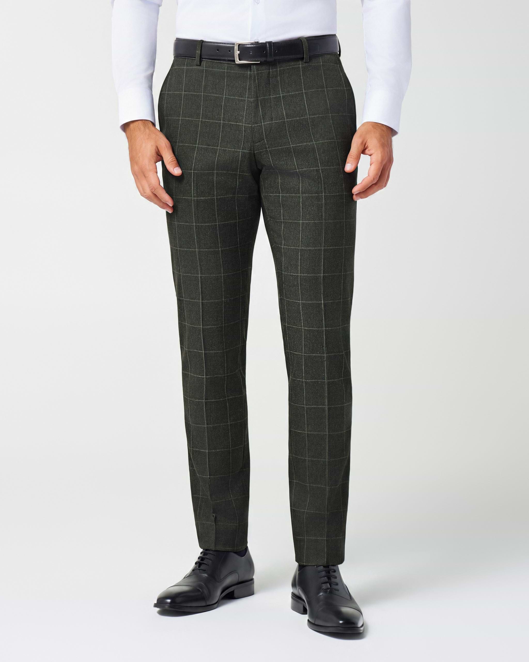 Athletic Fit Stretch Suit Pants - Olive with White Windowpane