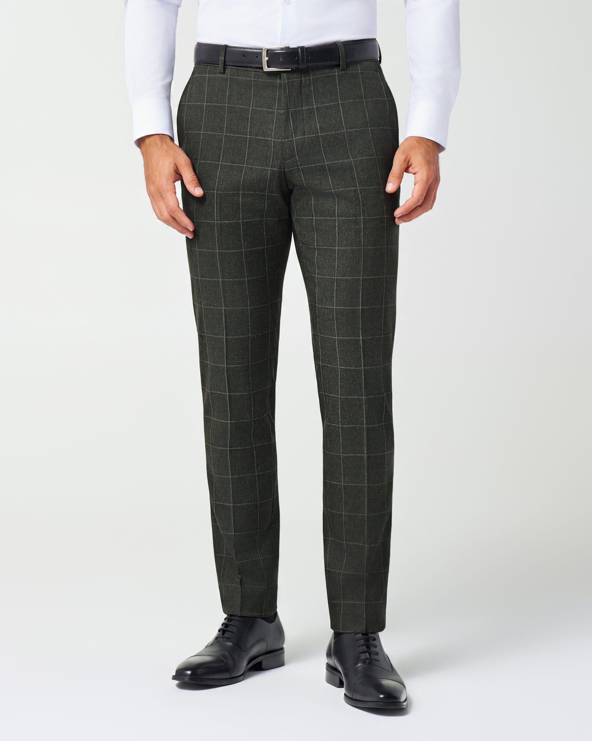 Athletic Fit Stretch Suit Pants - Olive with White Windowpane