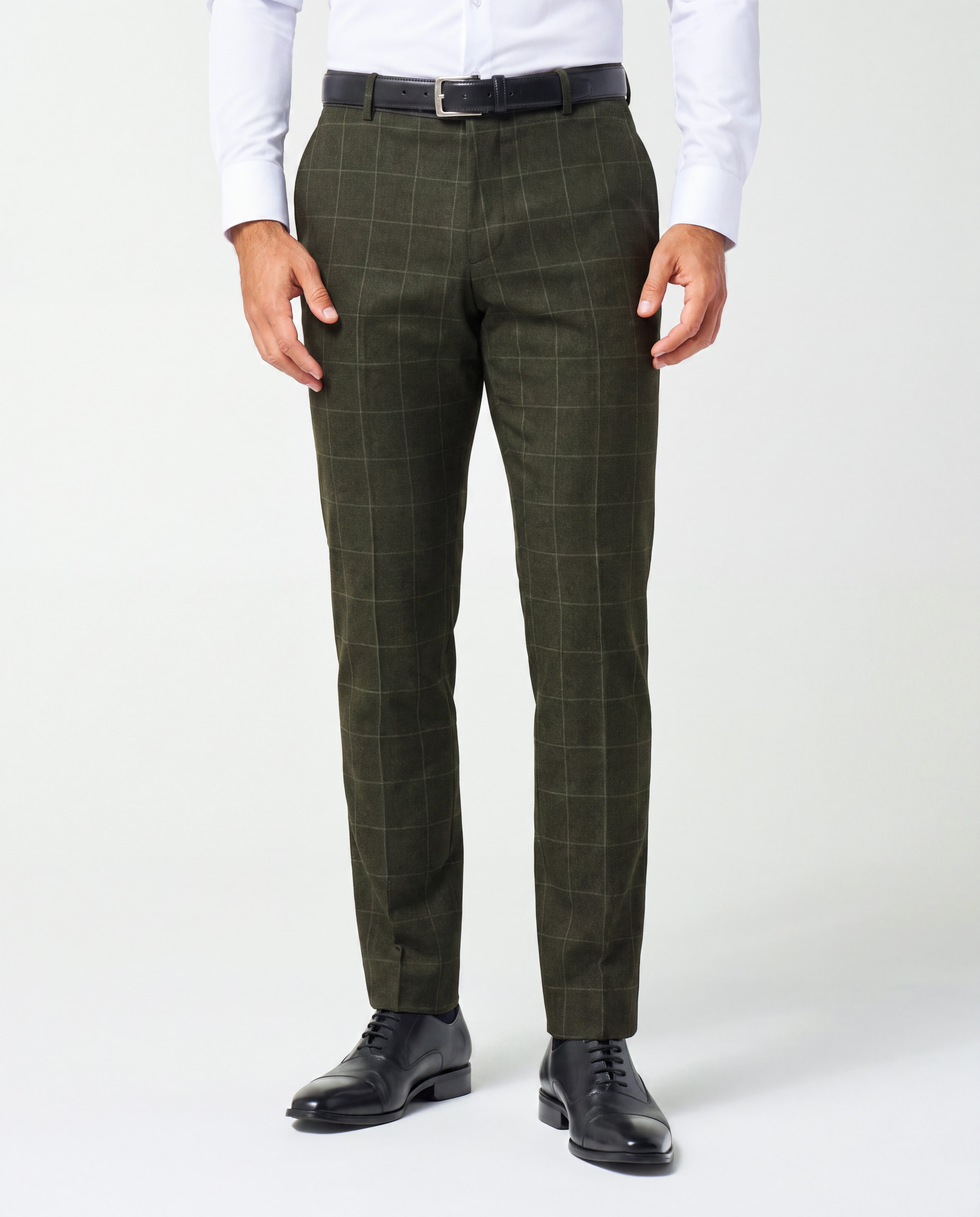 Athletic Fit Stretch Suit Pants - Olive with White Windowpane