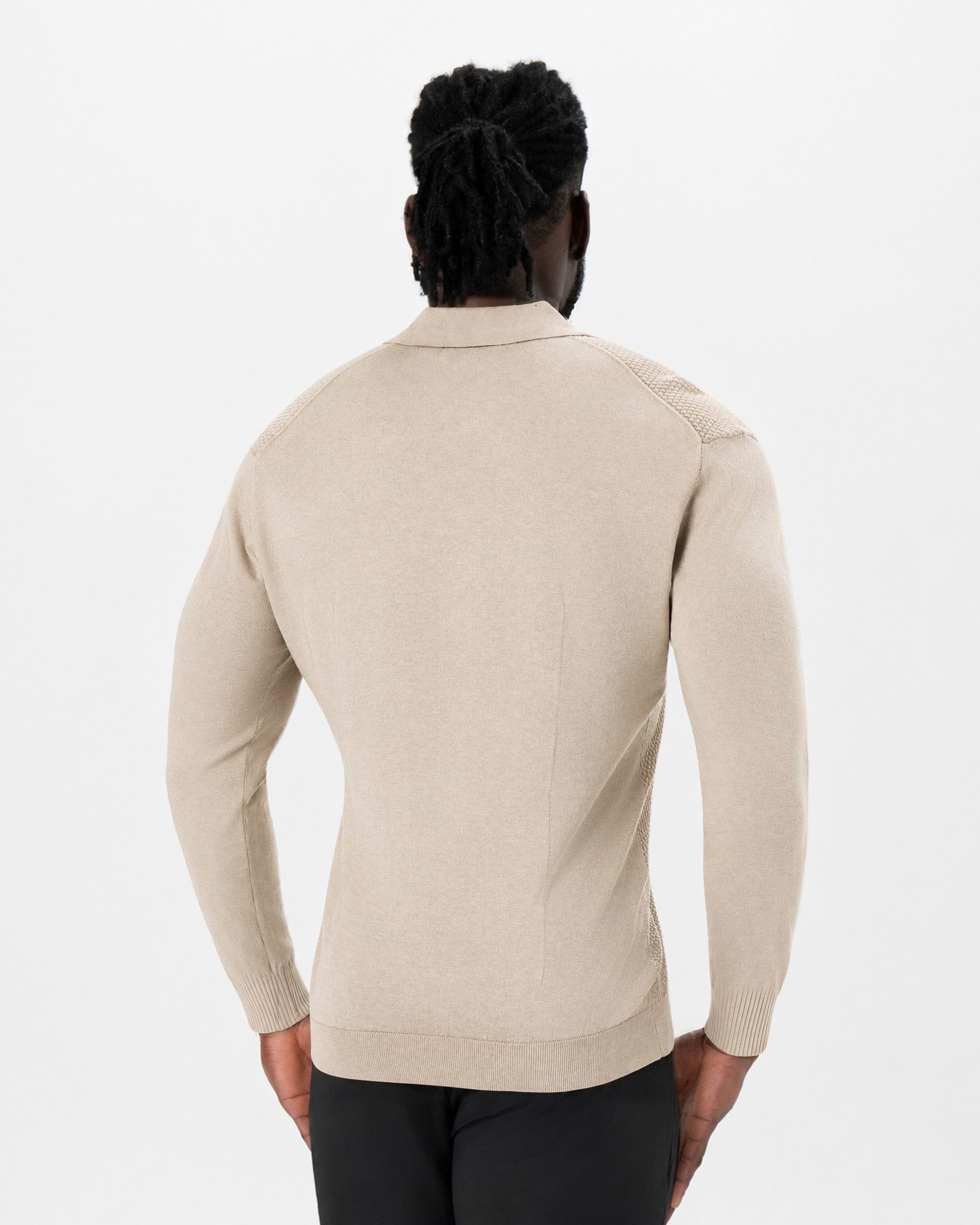 Long Sleeve Textured Knit Cashmere Polo - Sand