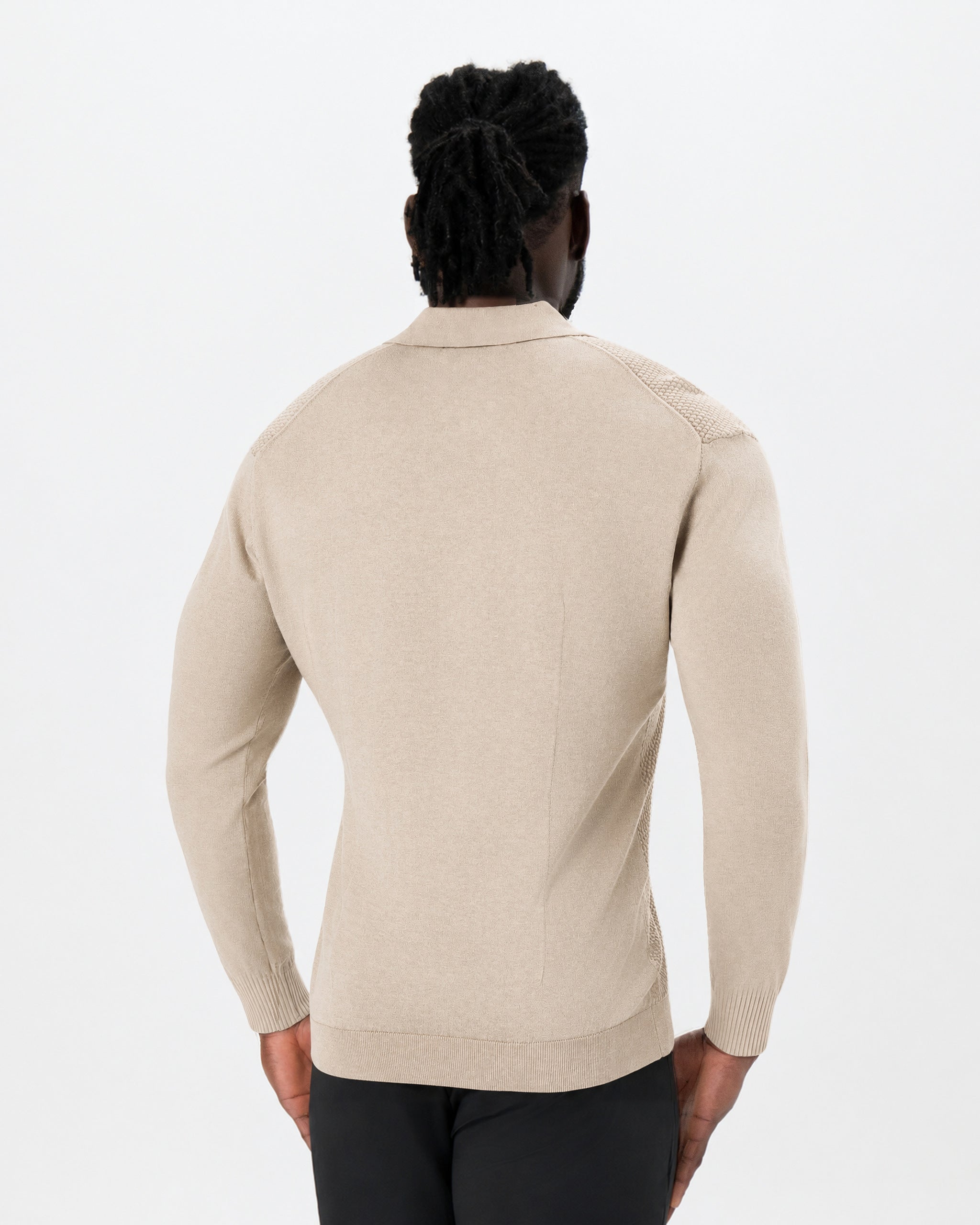 Long Sleeve Textured Knit Cashmere Polo - Sand