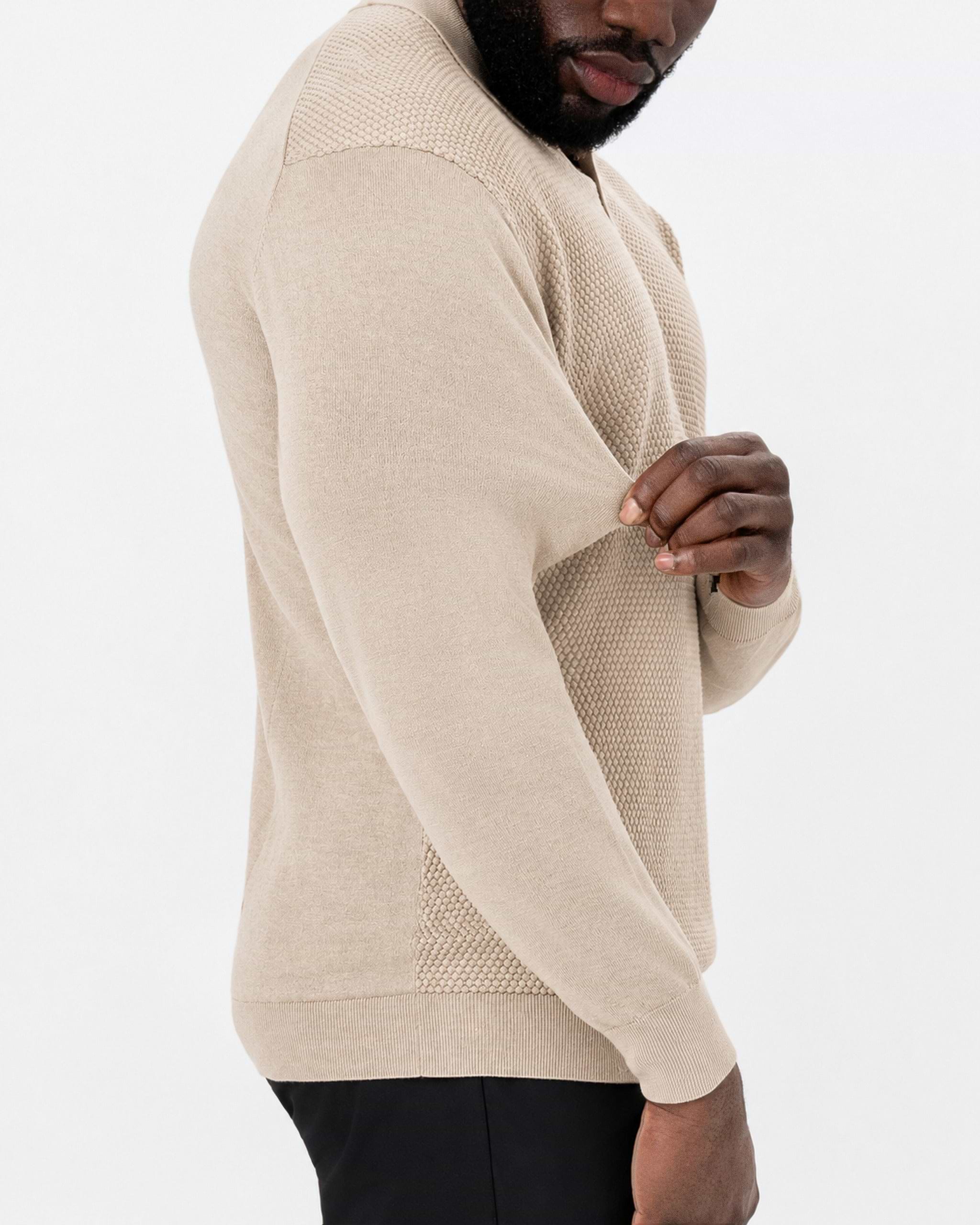 Long Sleeve Textured Knit Cashmere Polo - Sand