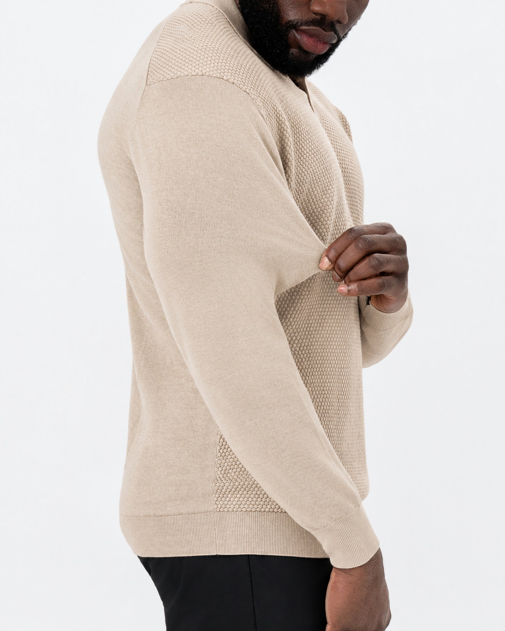 Long Sleeve Textured Knit Cashmere Polo - Sand