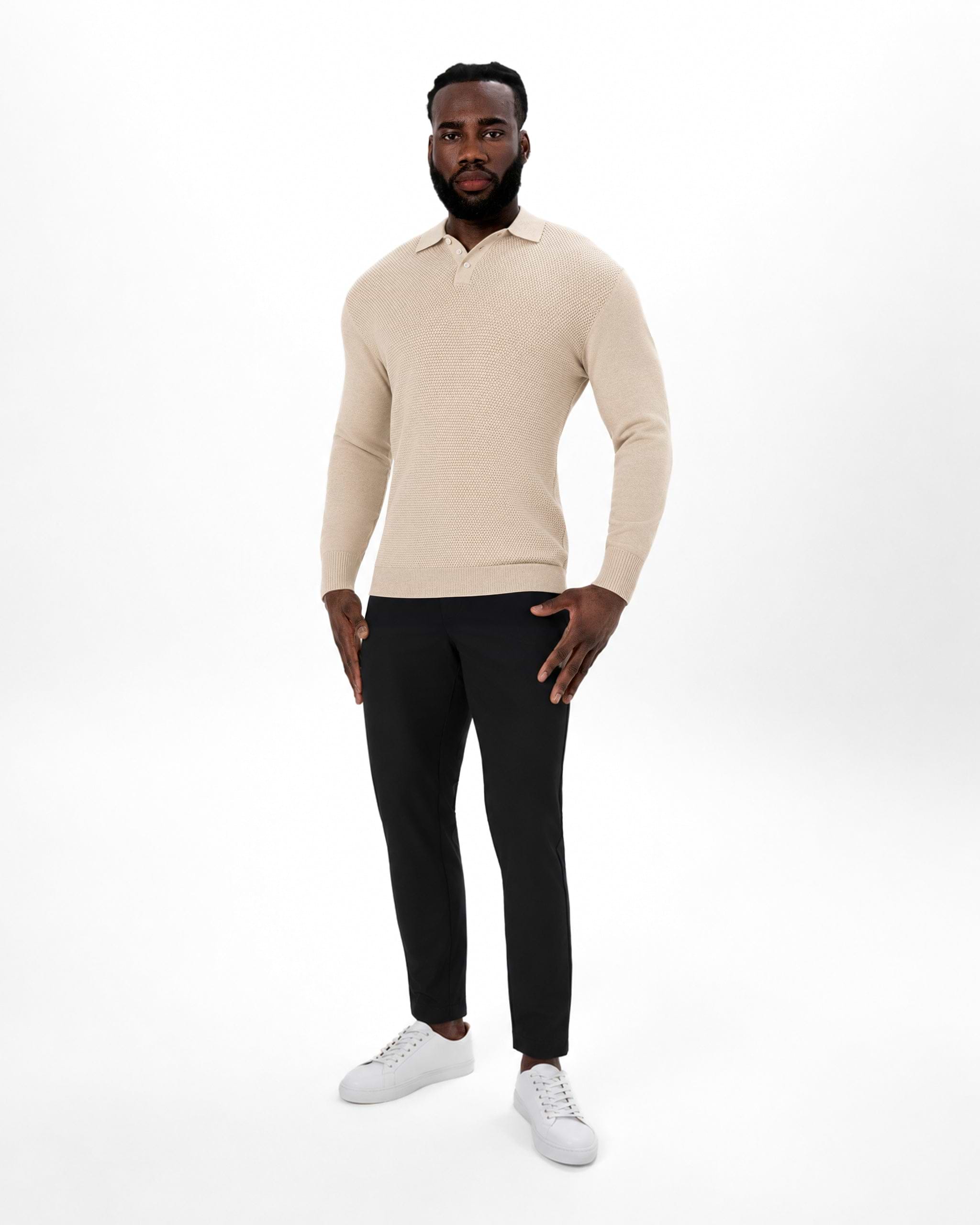 Long Sleeve Textured Knit Cashmere Polo - Sand