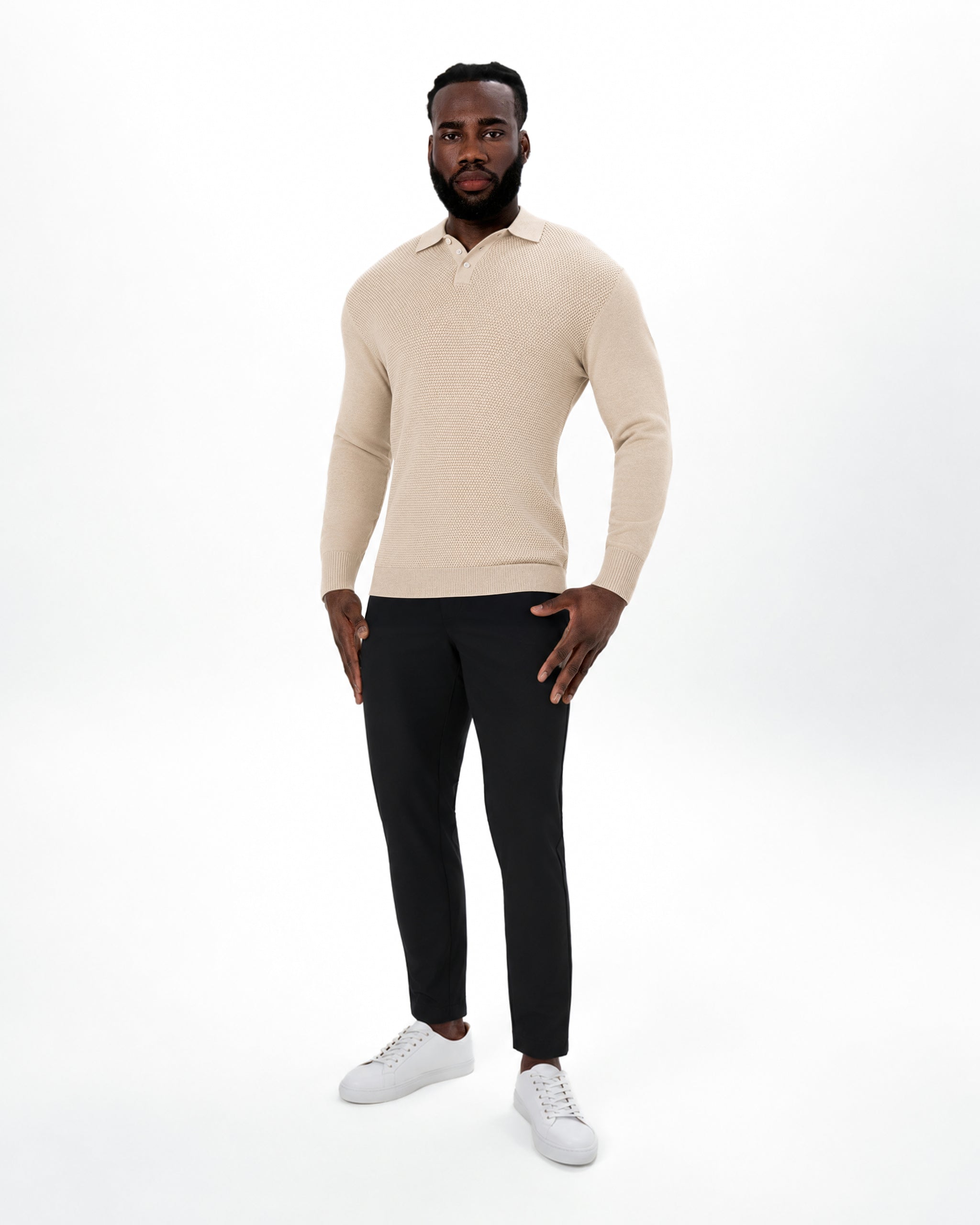 Long Sleeve Textured Knit Cashmere Polo - Sand