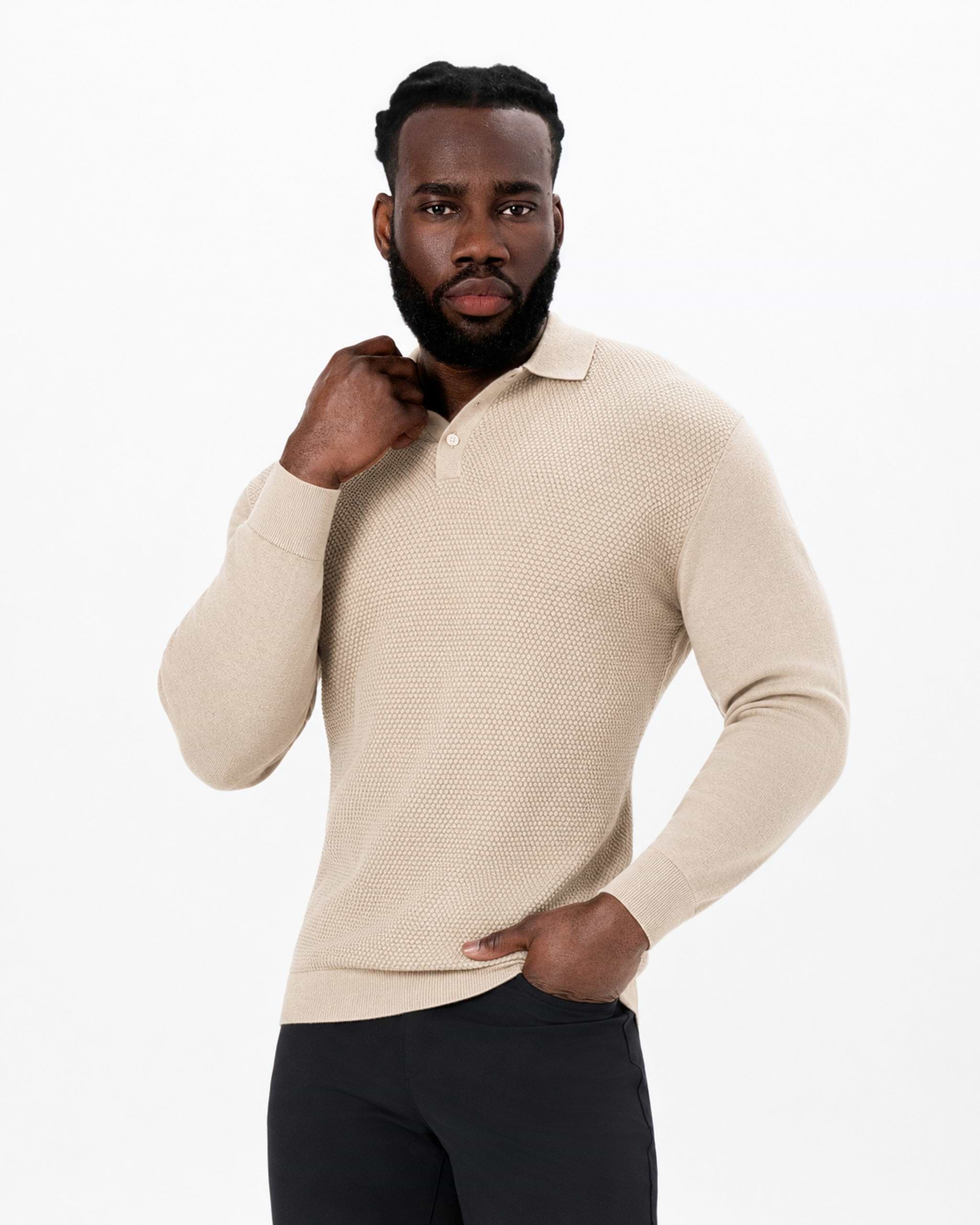 Long Sleeve Textured Knit Cashmere Polo - Sand