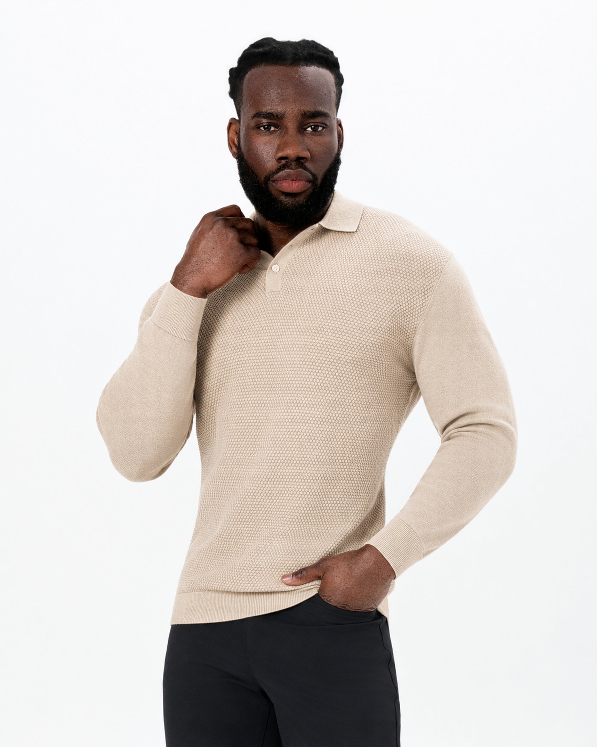 Long Sleeve Textured Knit Cashmere Polo - Sand