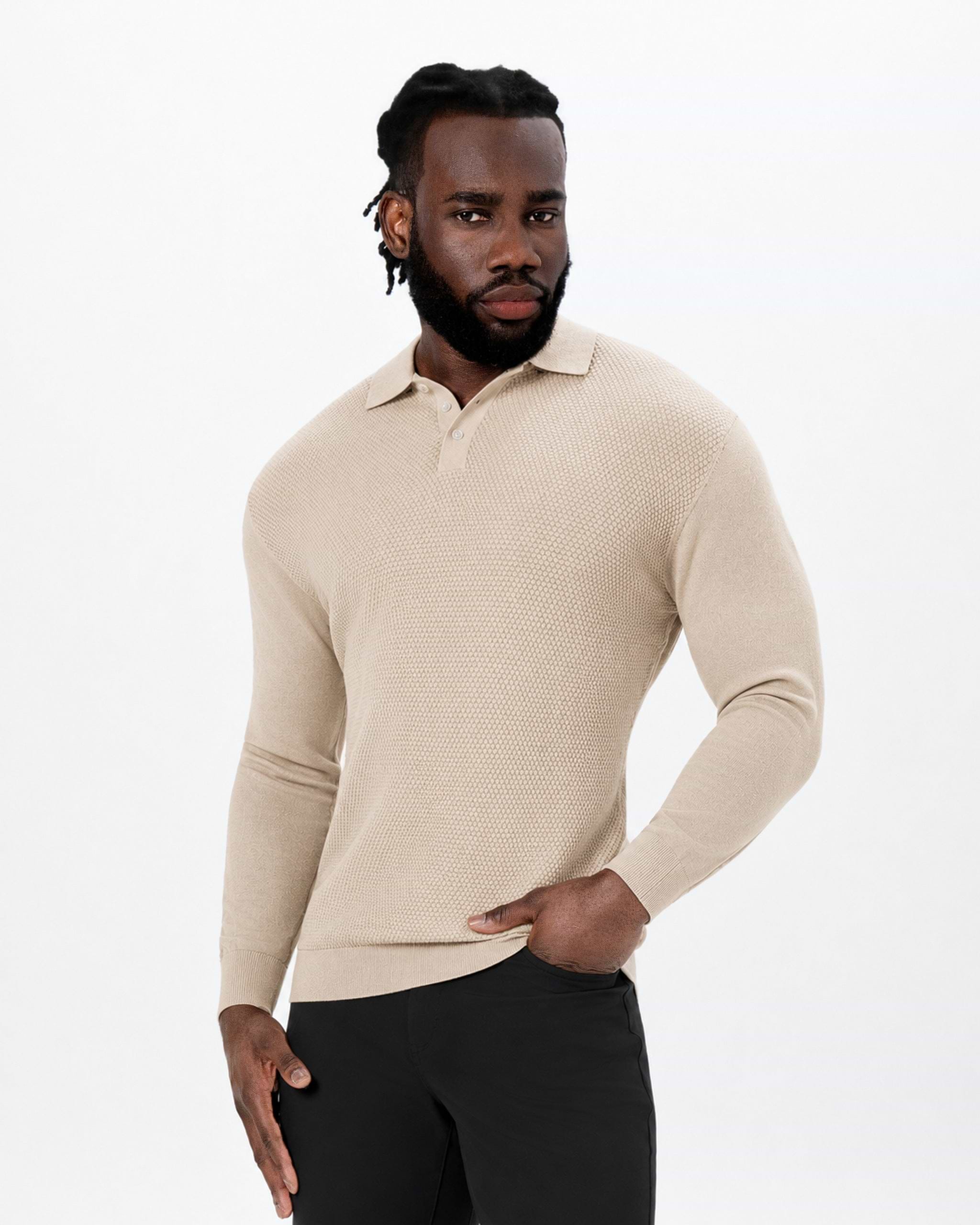 Long Sleeve Textured Knit Cashmere Polo - Sand