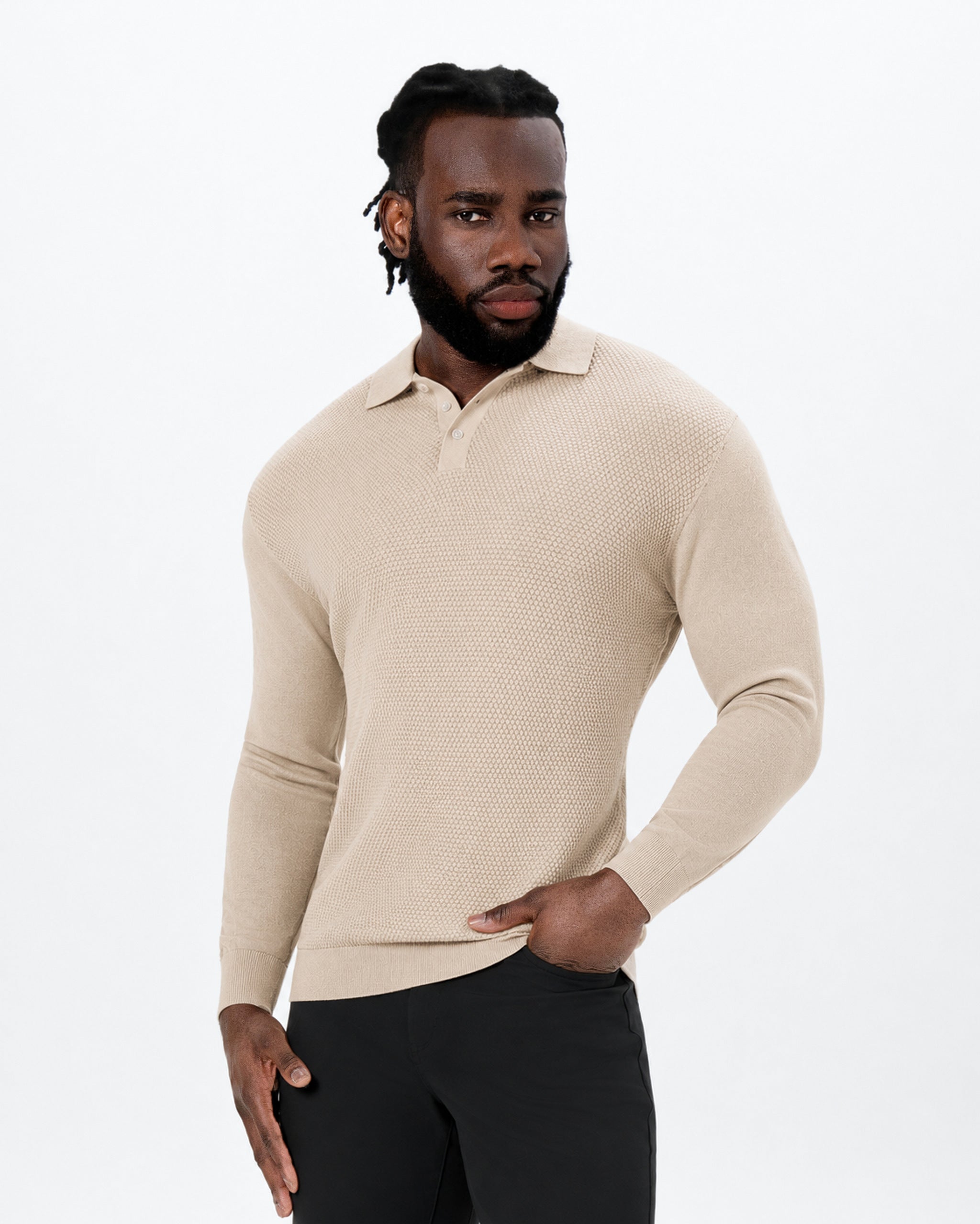 Long Sleeve Textured Knit Cashmere Polo - Sand