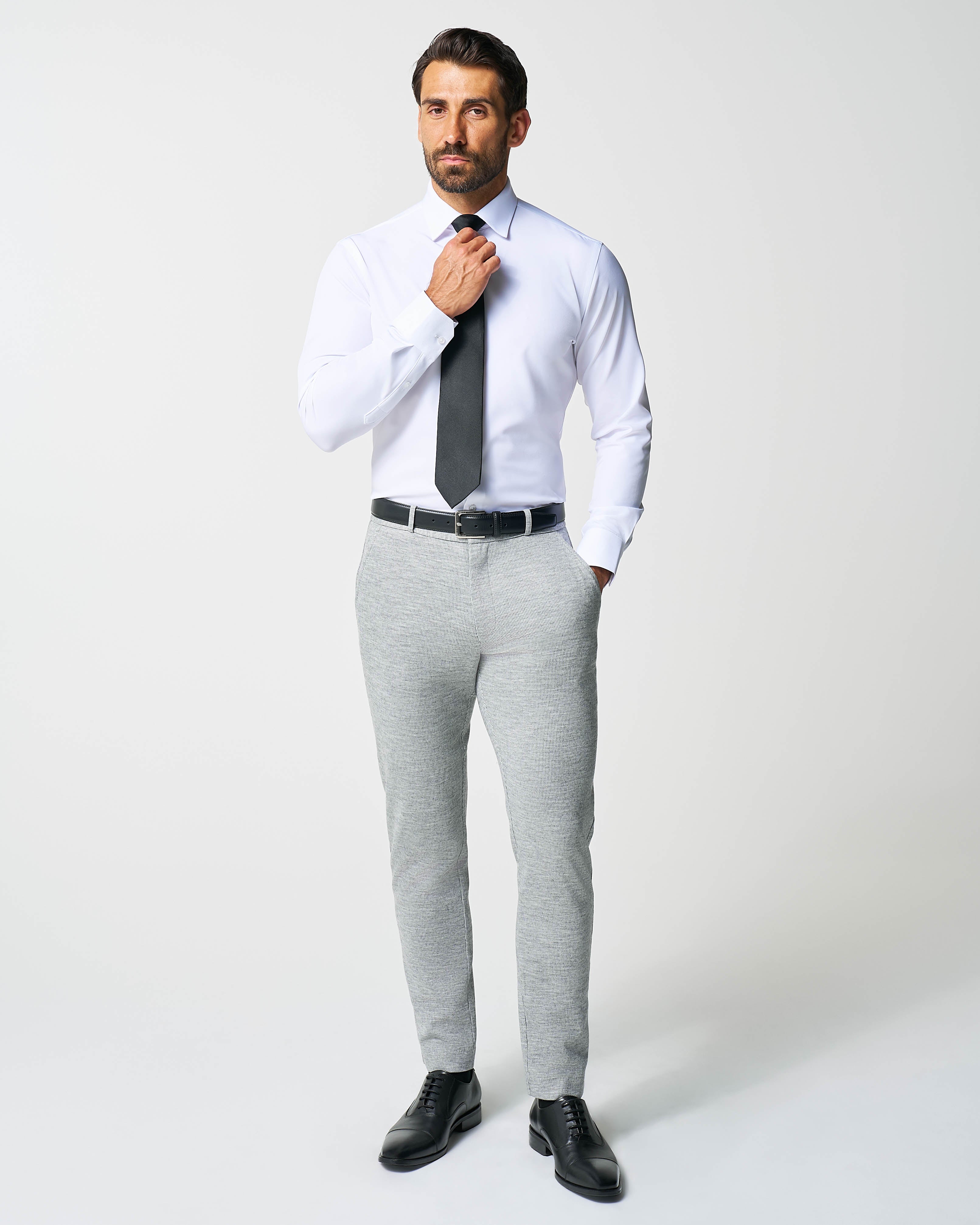 Athletic Fit Stretch Wool Suit Pants - Light Grey with White Mini Stripe