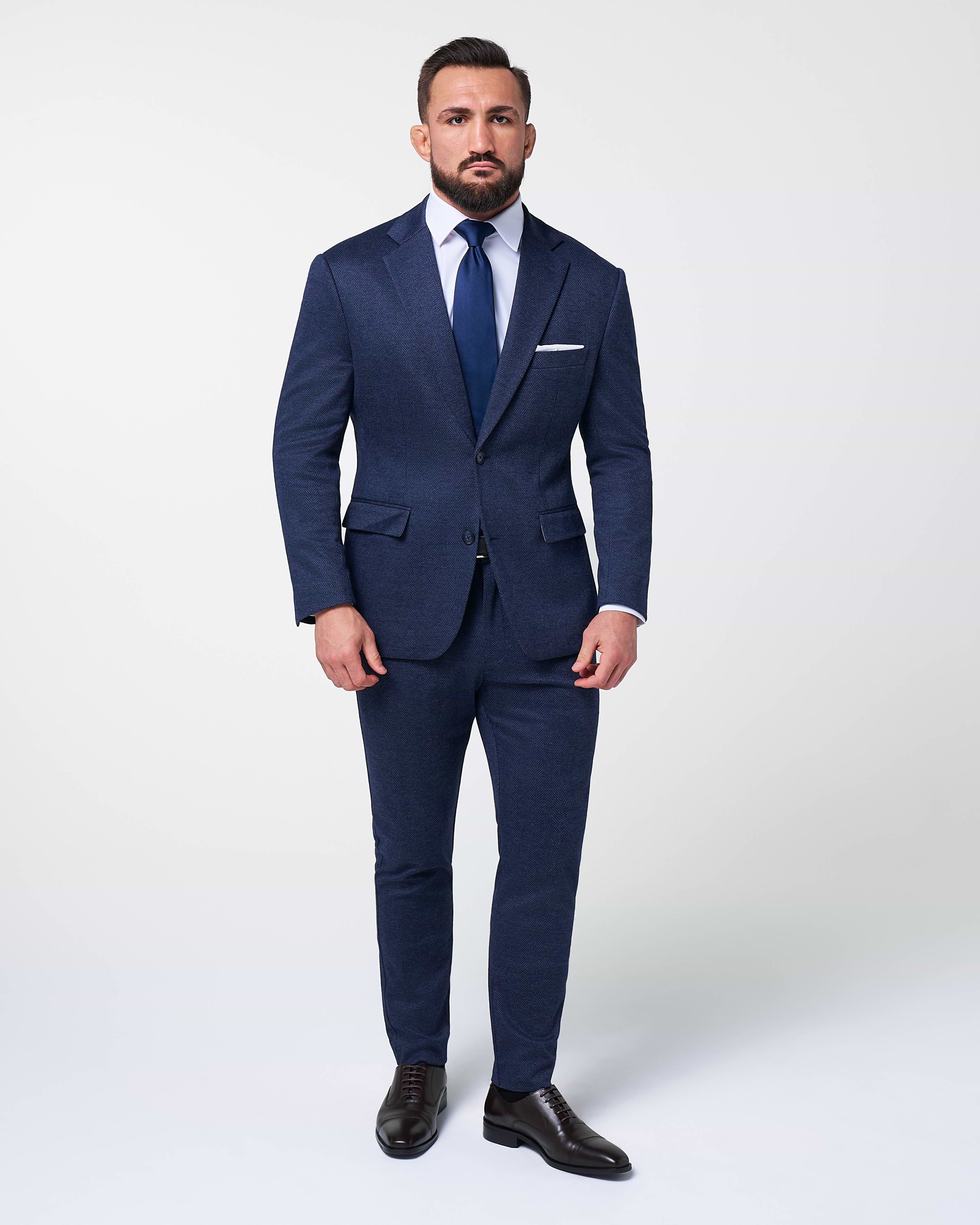 Athletic Fit Stretch Wool Suit Pants - Navy Herringbone