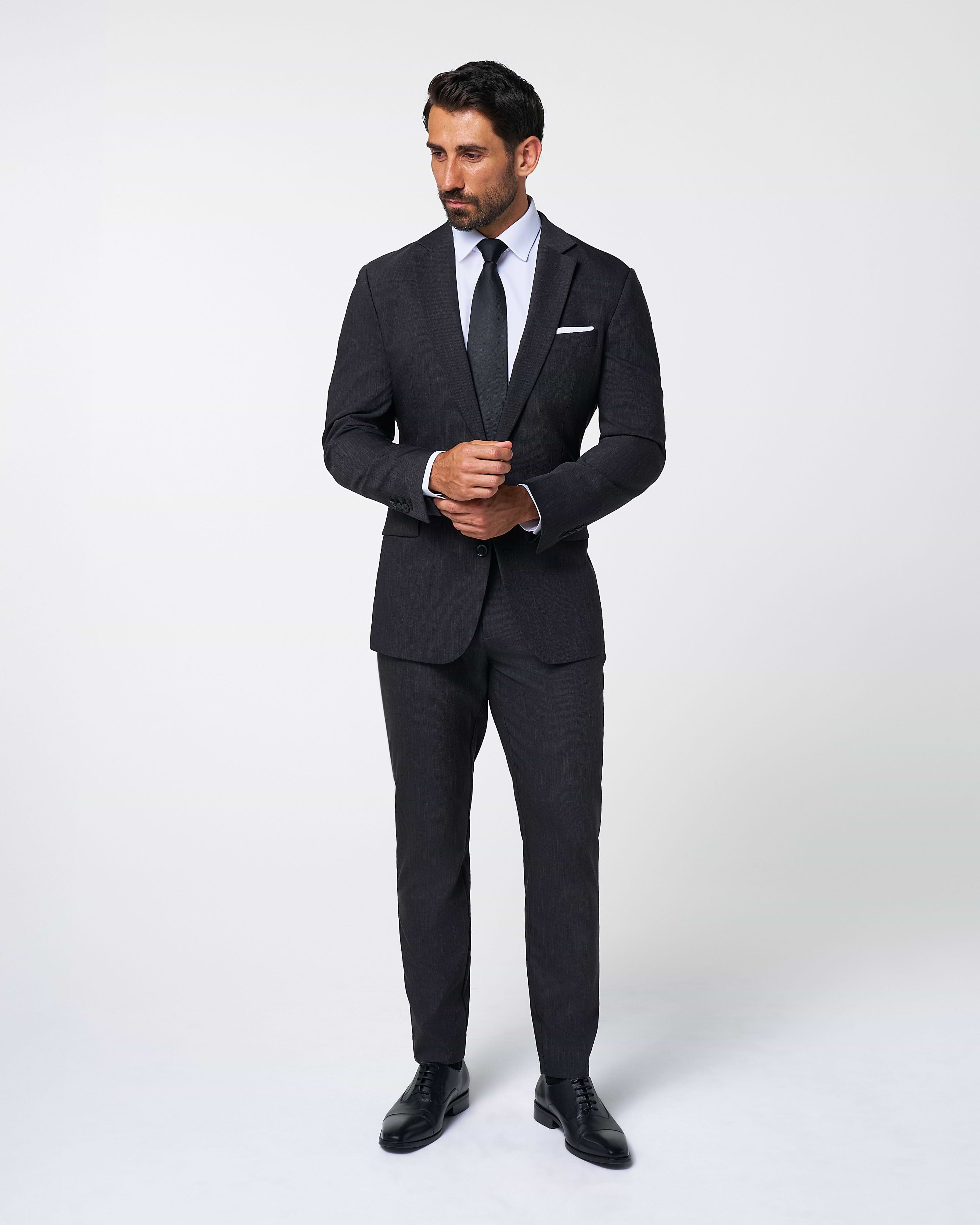 Athletic Fit Stretch Suit Pants - Heathered Charcoal