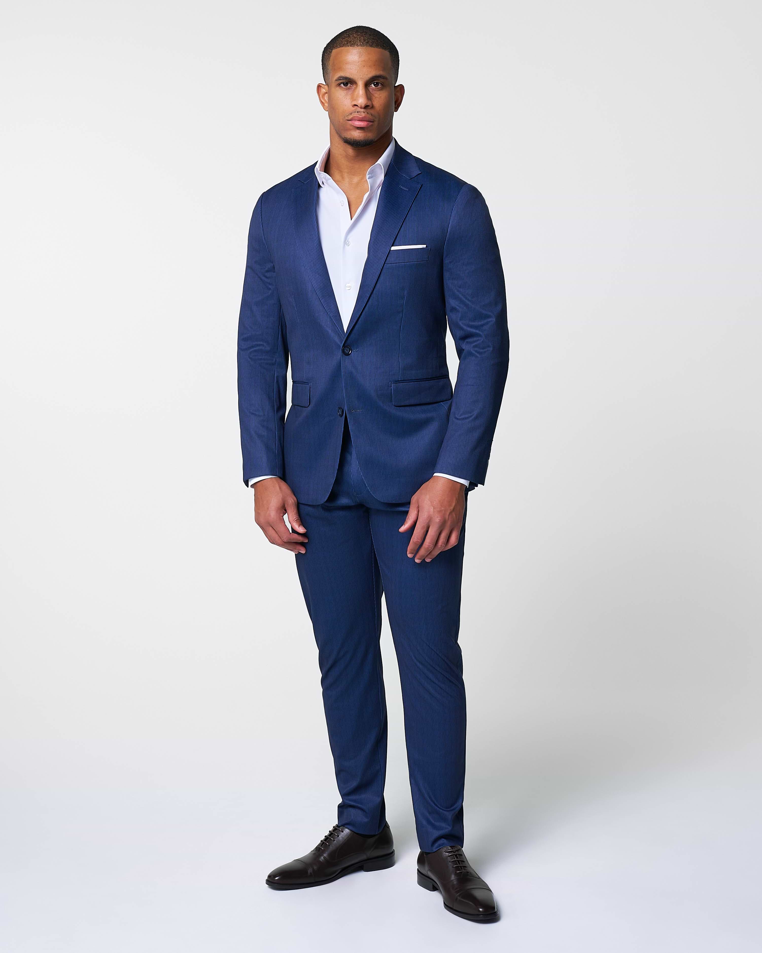 Athletic Fit Stretch Suit Pants - Navy & White Stripe