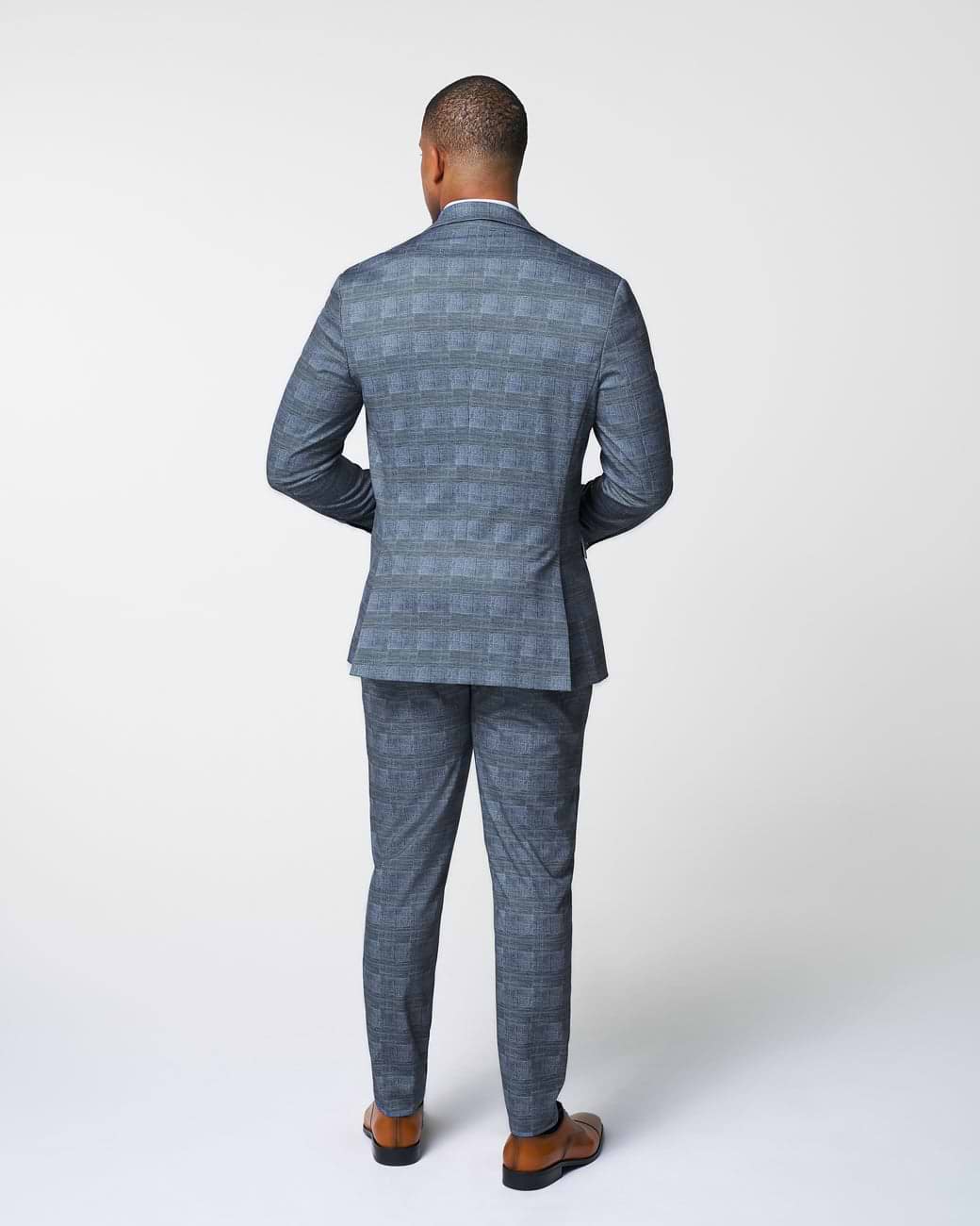 Athletic Fit Stretch Suit - Knit Light Blue, Navy & White Plaid