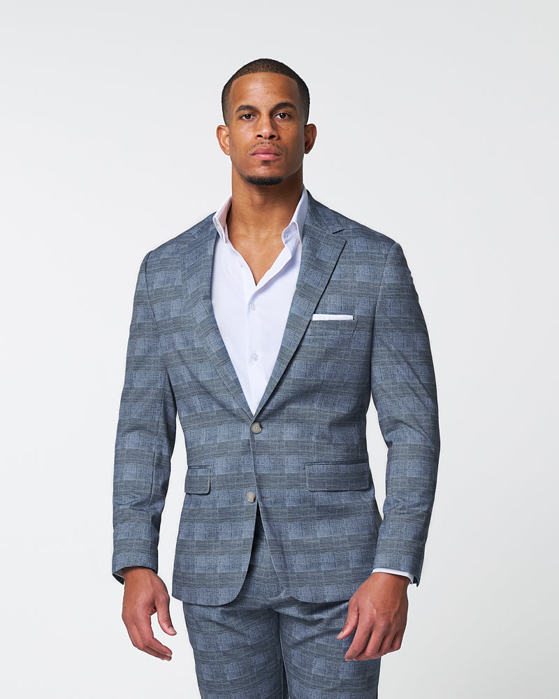 Athletic Fit Stretch Suit - Knit Light Blue, Navy & White Plaid
