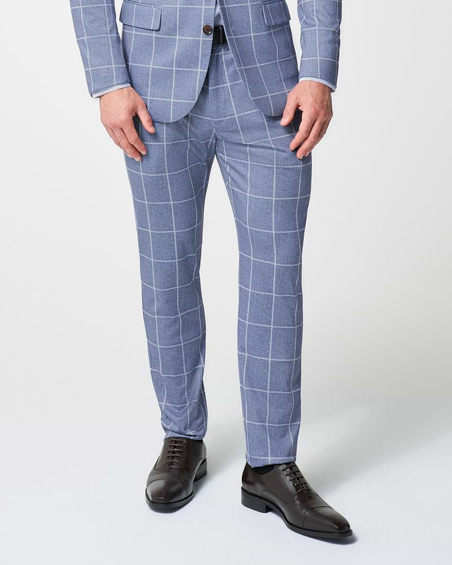 Athletic Fit Stretch Suit Pants - Textured Light Blue with White Windowpane