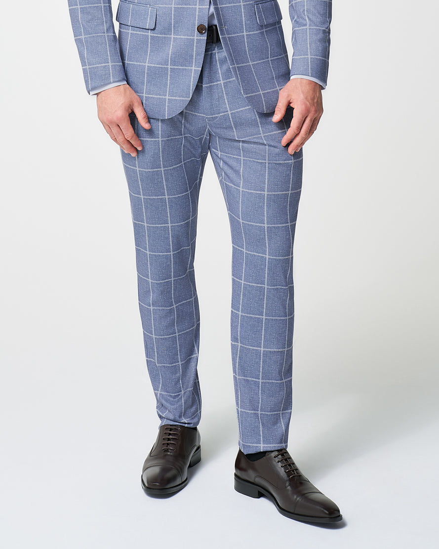Athletic Fit Stretch Suit Pants - Textured Light Blue with White Windowpane