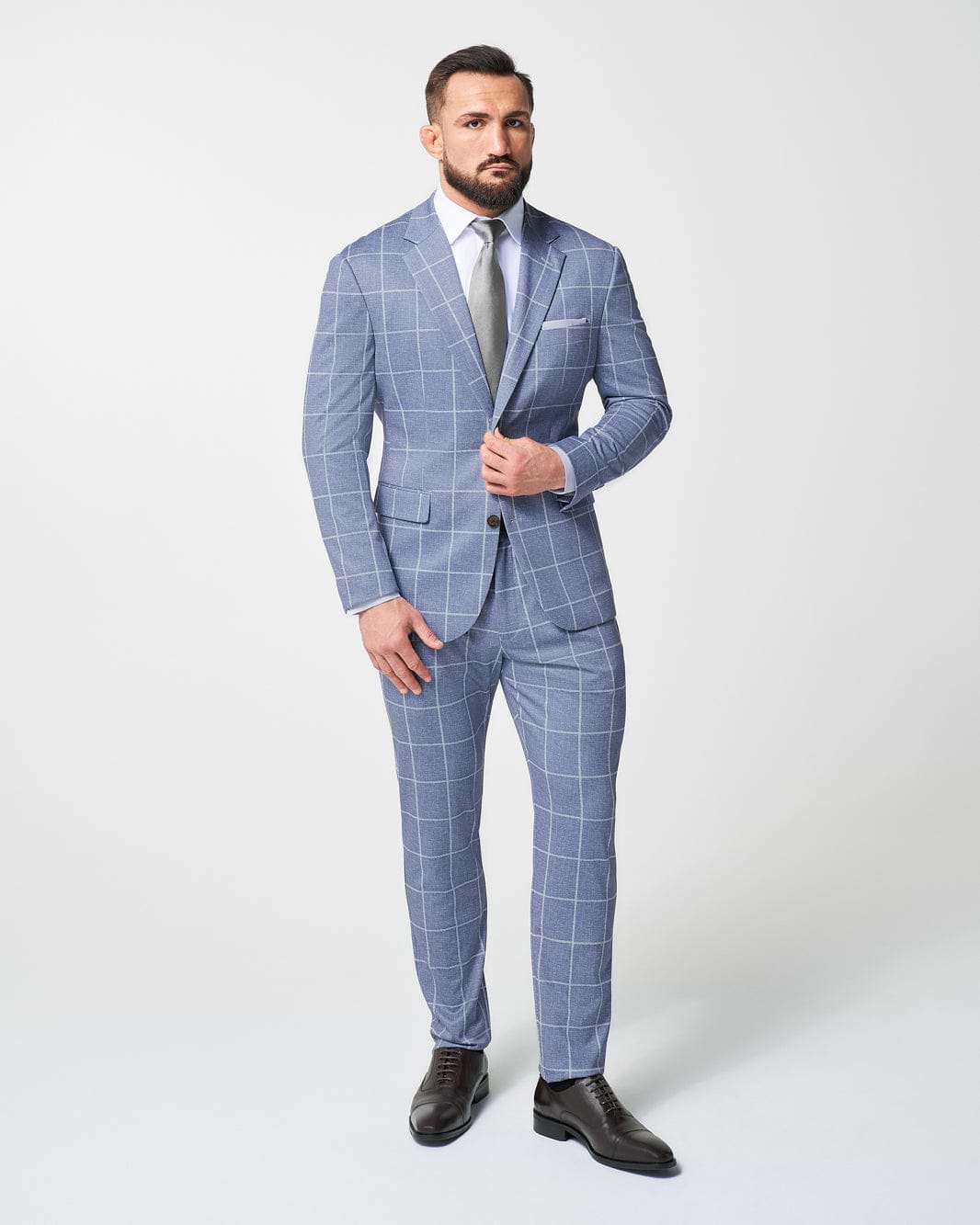 Athletic Fit Stretch Suit Pants - Textured Light Blue with White Windowpane