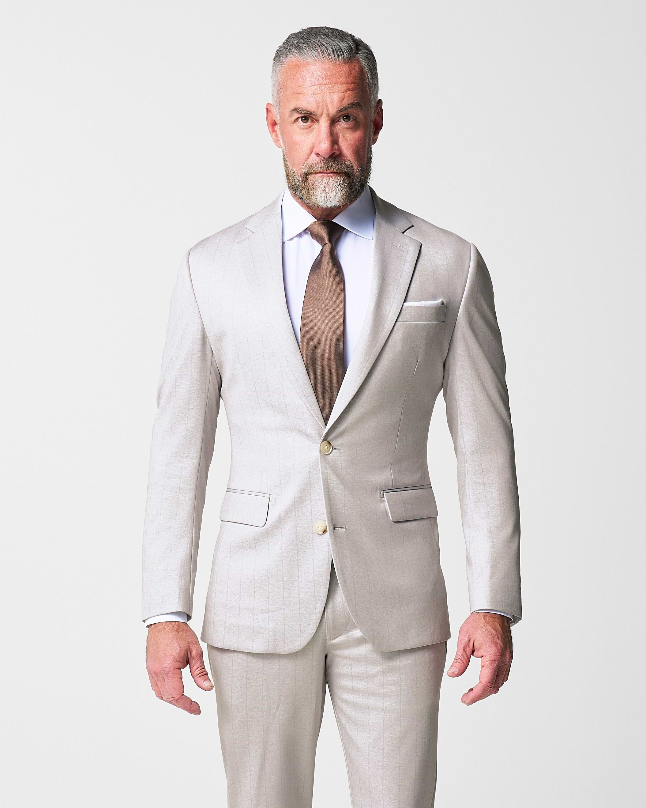 Athletic Fit Stretch Suit - Bone with Tan Stripes