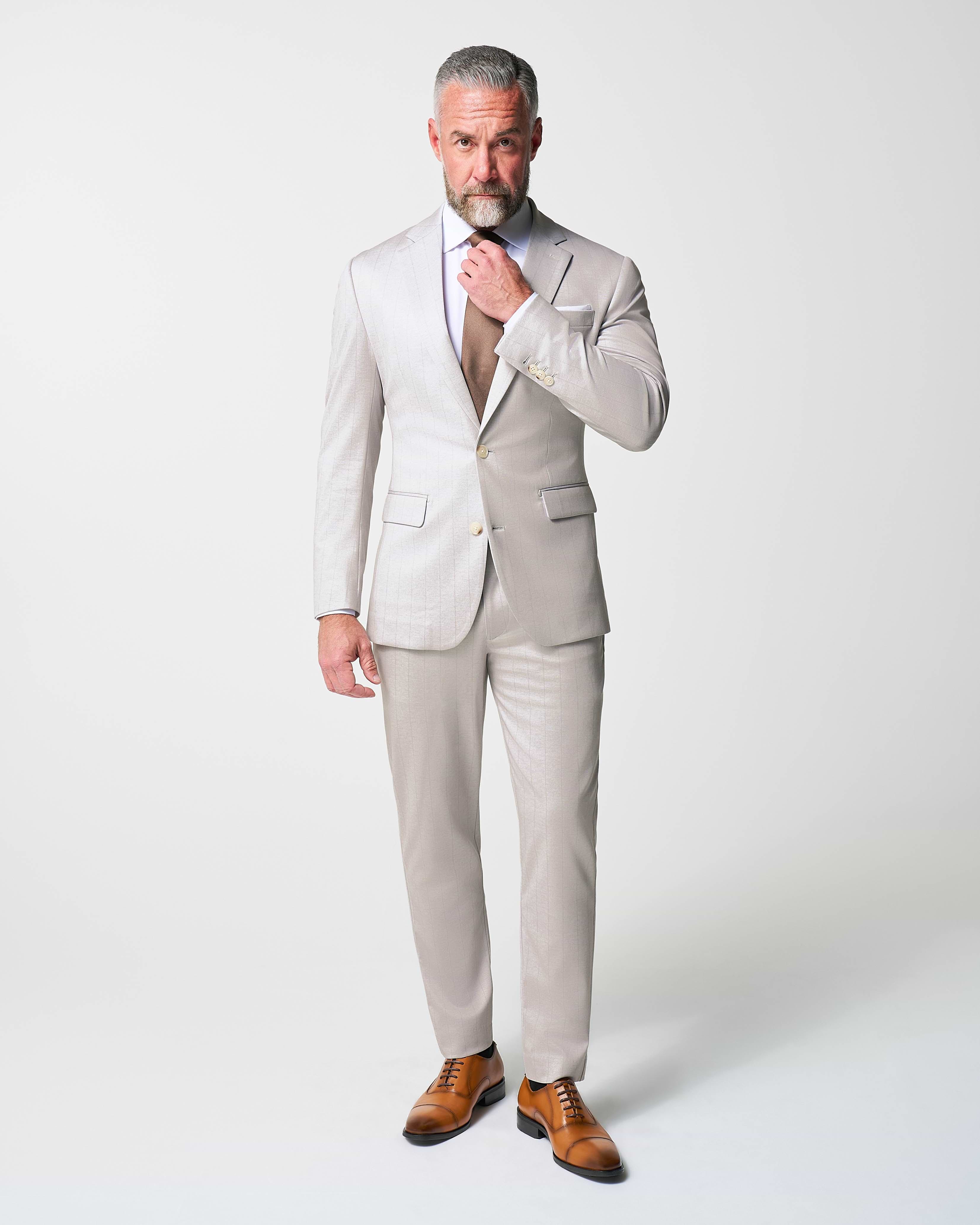 Athletic Fit Stretch Suit - Bone with Tan Stripes