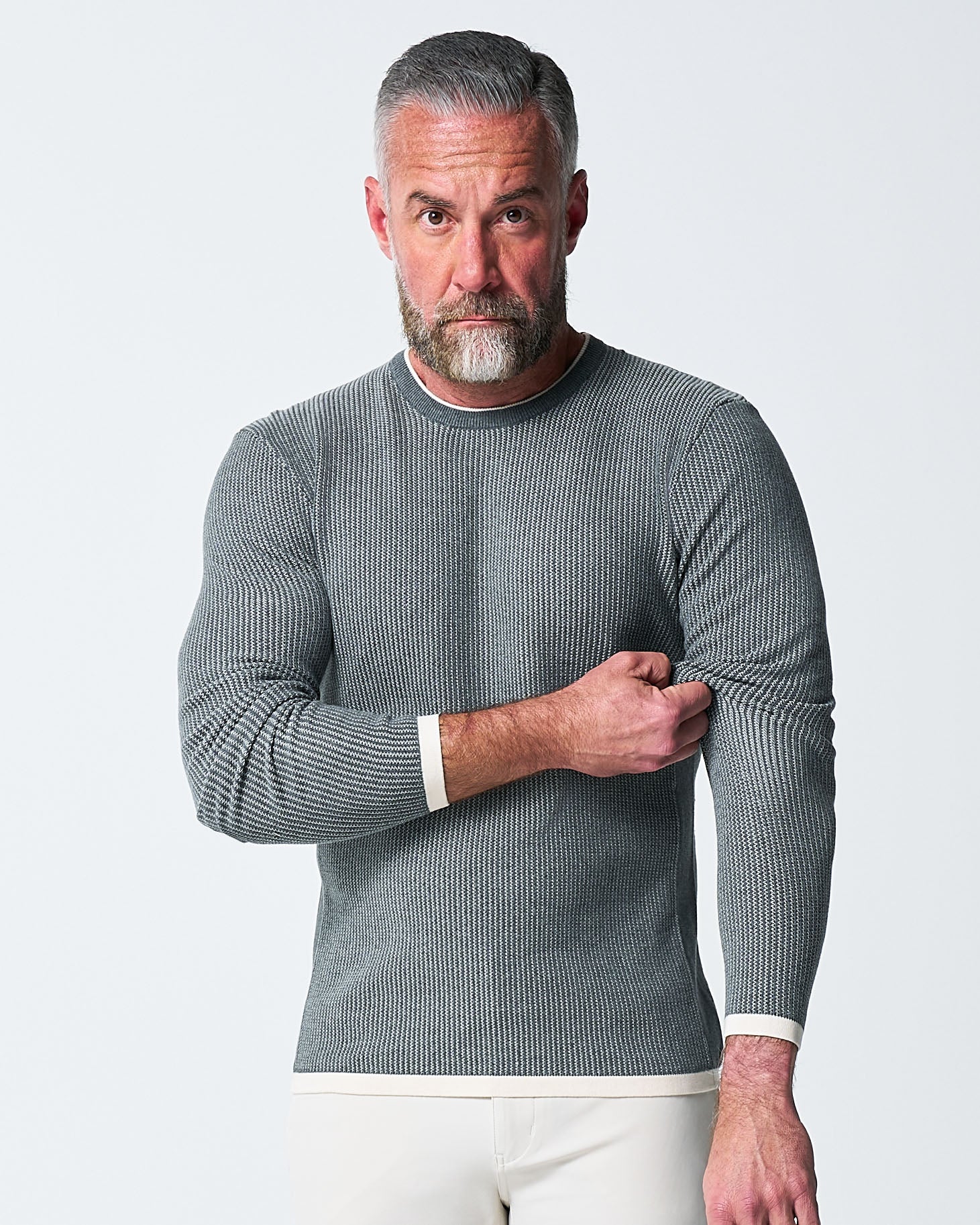 Lightweight Ribbed Knit Crewneck Sweater - Dark Grey & Beige
