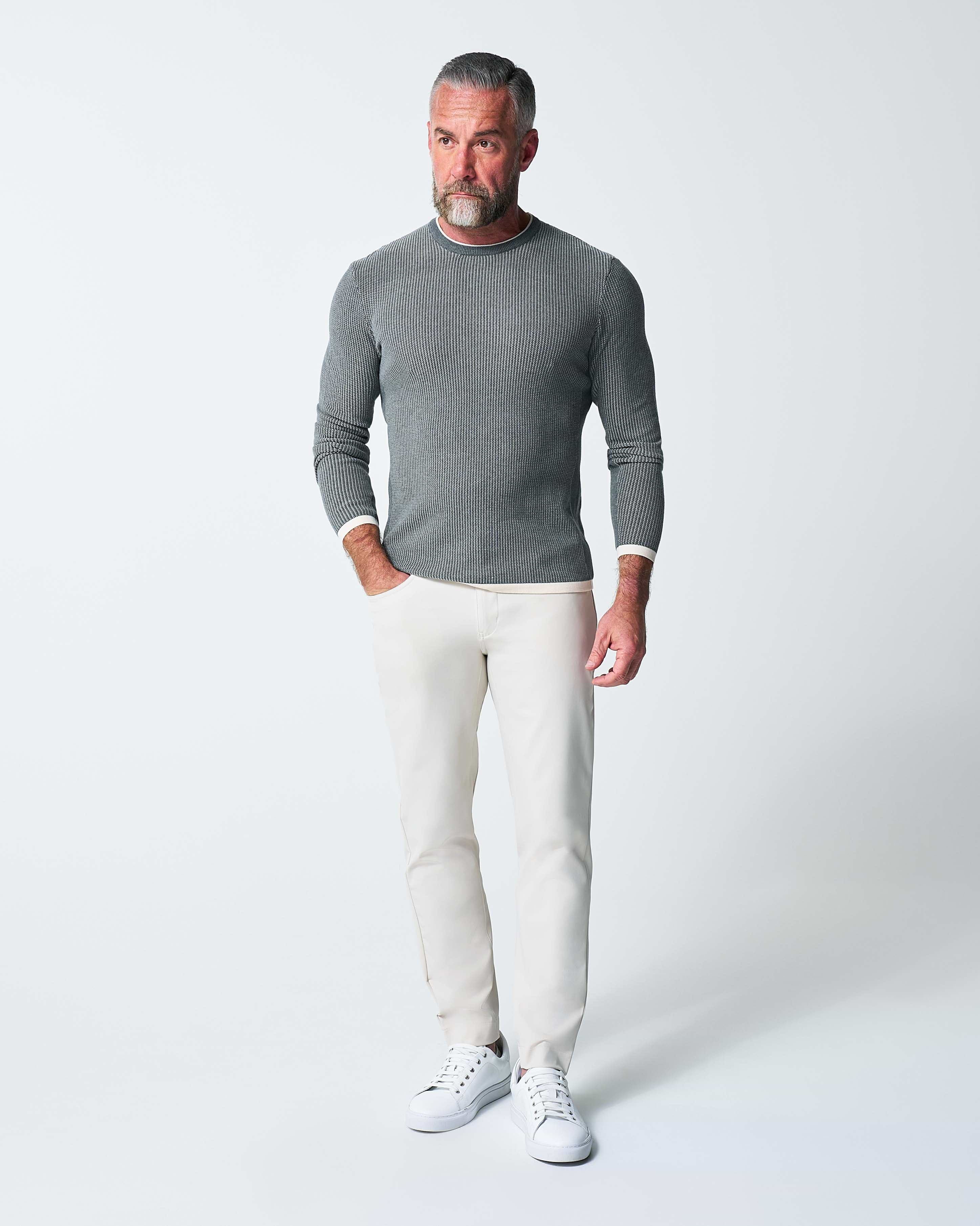 Lightweight Ribbed Knit Crewneck Sweater - Dark Grey & Beige