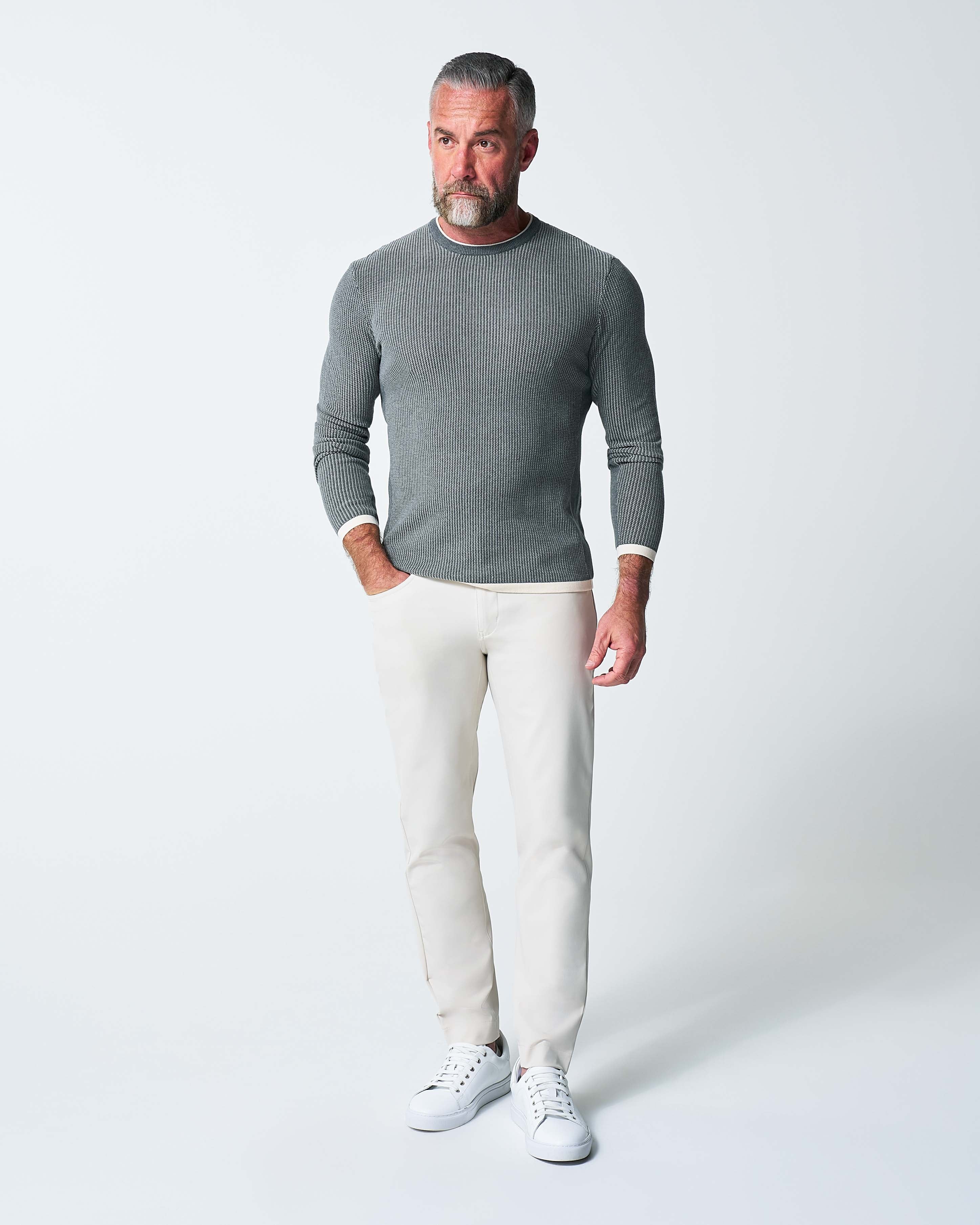 Lightweight Ribbed Knit Crewneck Sweater - Dark Grey & Beige