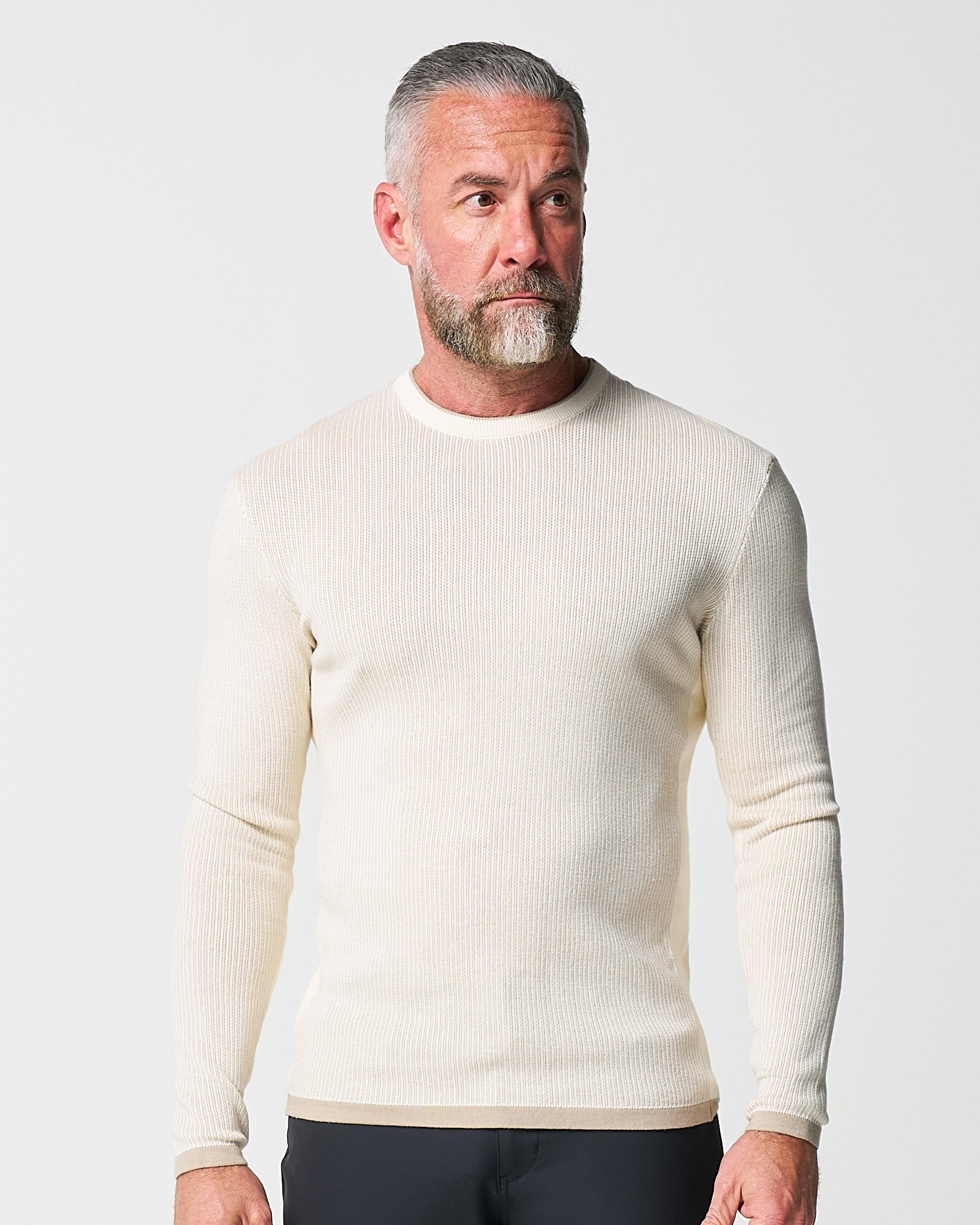 Lightweight Ribbed Knit Crewneck Sweater - Tan & Beige